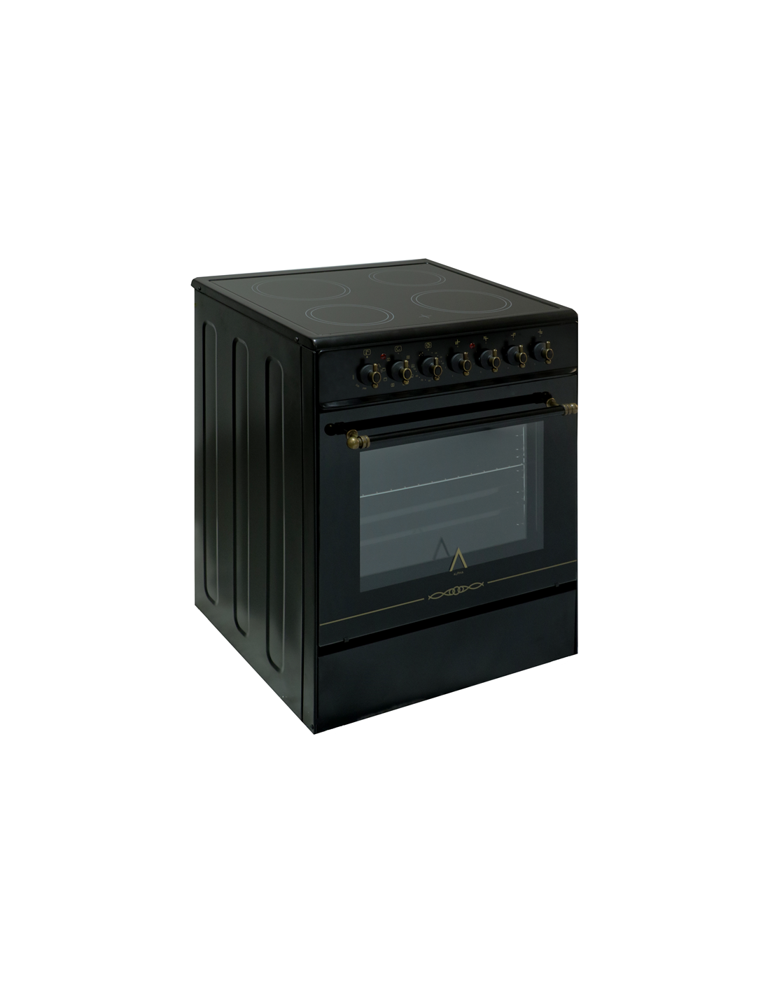 Una cocina eléctrica negra con cuatro quemadores, perillas y un horno. La puerta del horno tiene una ventana de vidrio. El fondo es blanco.