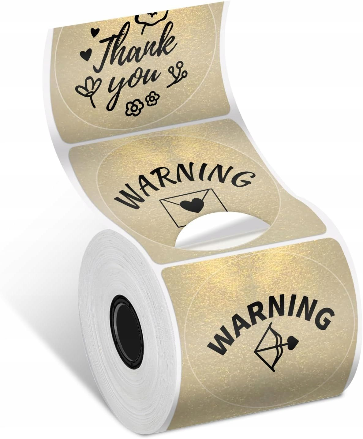 Rolka naklejek z tekstami 'Thank you', 'Warning' i ikonami serca/strzały. Beżowe tło z czarnym tekstem.