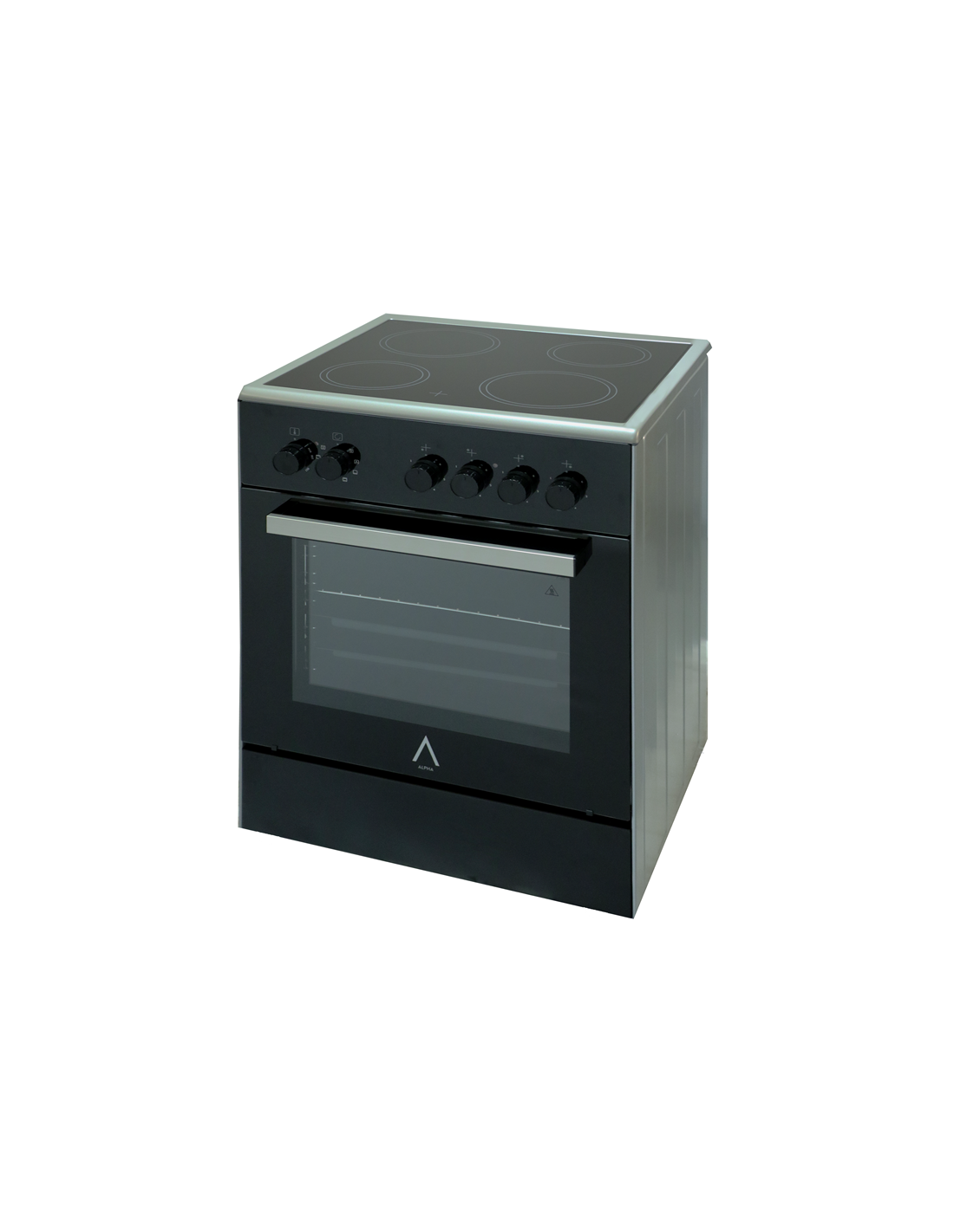 Una cocina eléctrica negra y plateada sobre fondo blanco. Tiene cuatro quemadores, puerta de horno de vidrio y mandos.