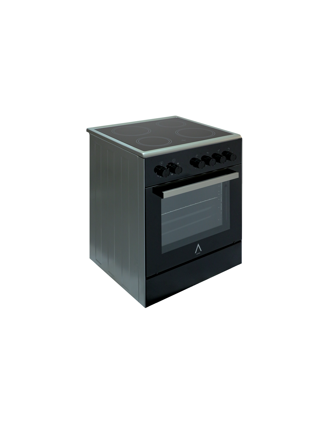 Una moderna estufa eléctrica negra y gris con cuatro quemadores, horno y perillas de control. Se encuentra sobre un fondo blanco.