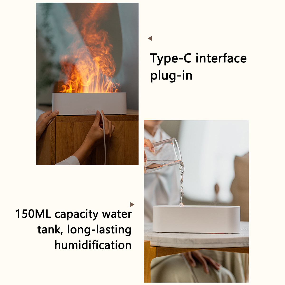 Ein weißer Luftbefeuchter mit Flammeneffekt, eine Person gießt Wasser ein, Text: Typ-C, 150ml Wassertank.