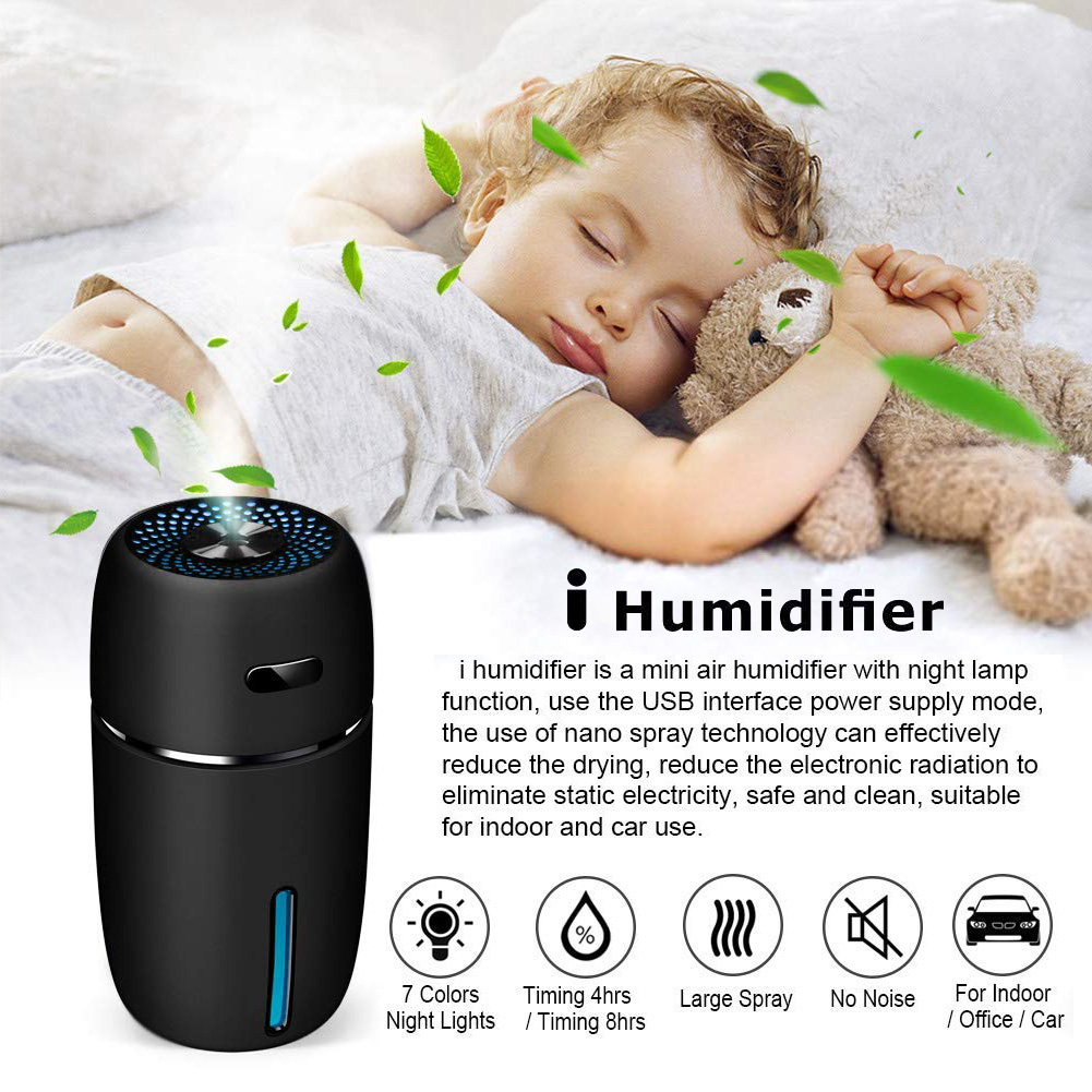 Ein schlafendes Baby mit Teddybär, ein schwarzer Luftbefeuchter und Symbole für Funktionen: 7 Farben, Timer, großer Sprühnebel, kein Geräusch und Autonutzung.