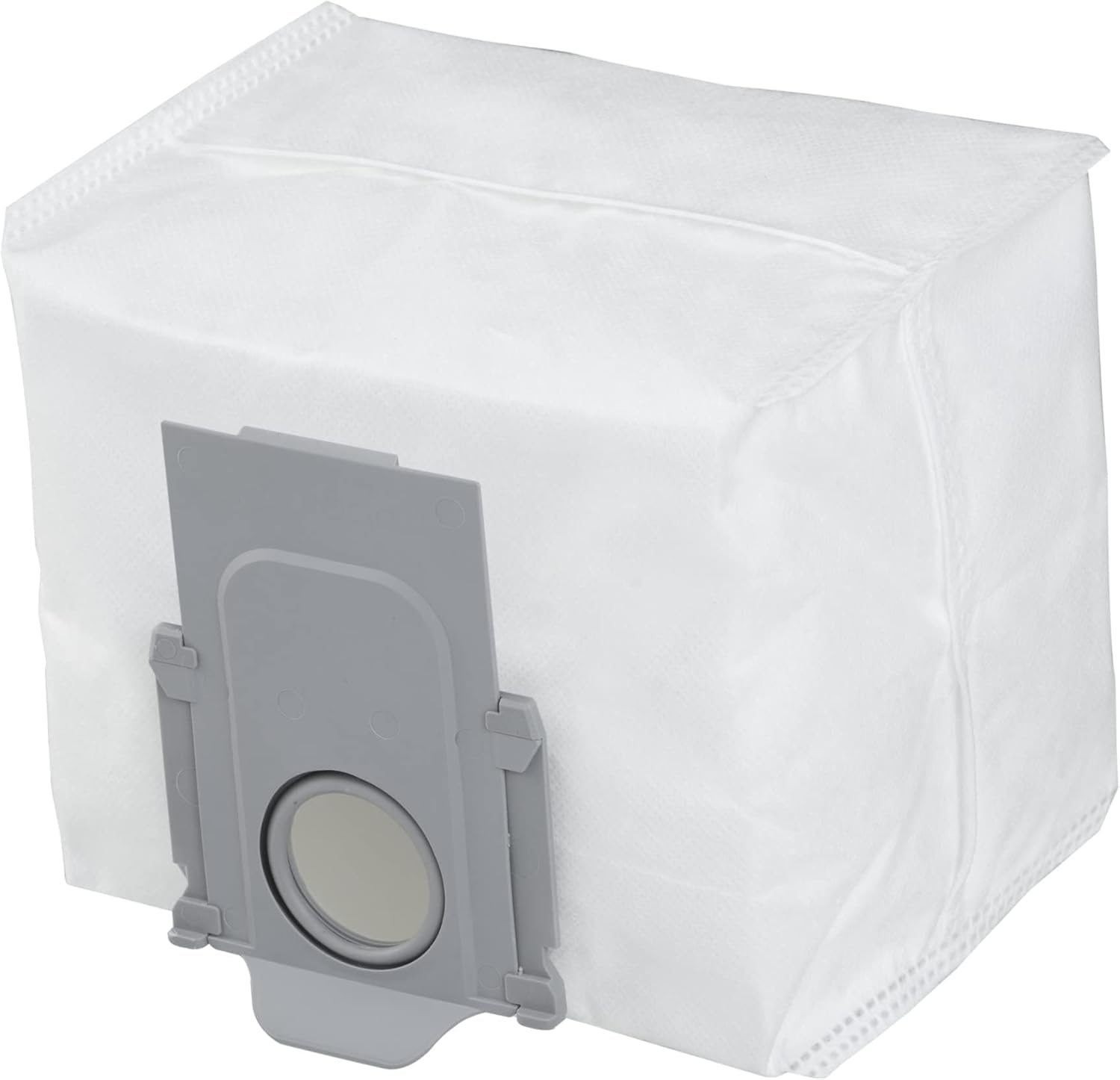 Een witte rechthoekige stofzuigerzak met een grijs plastic voorpaneel. De zak is van stof en heeft een ronde opening.
