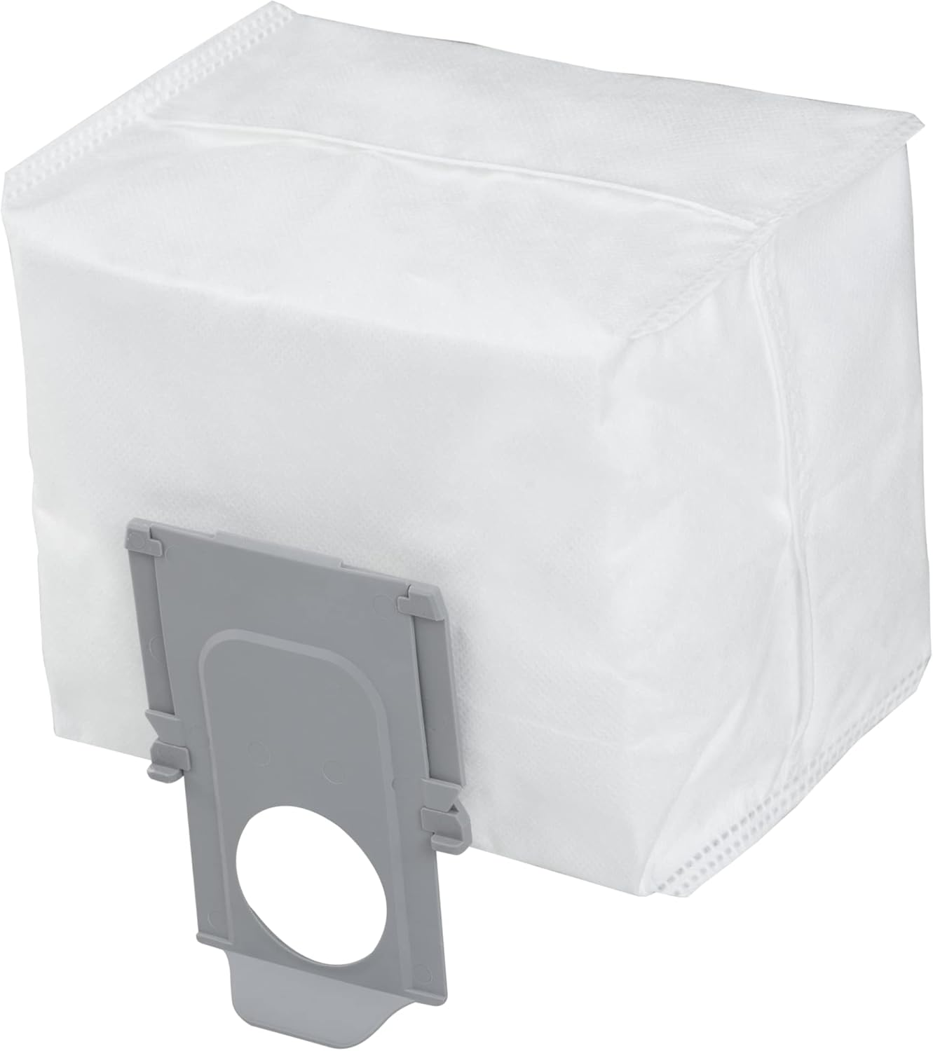 Een witte stofzuigerzak met een grijze plastic houder.