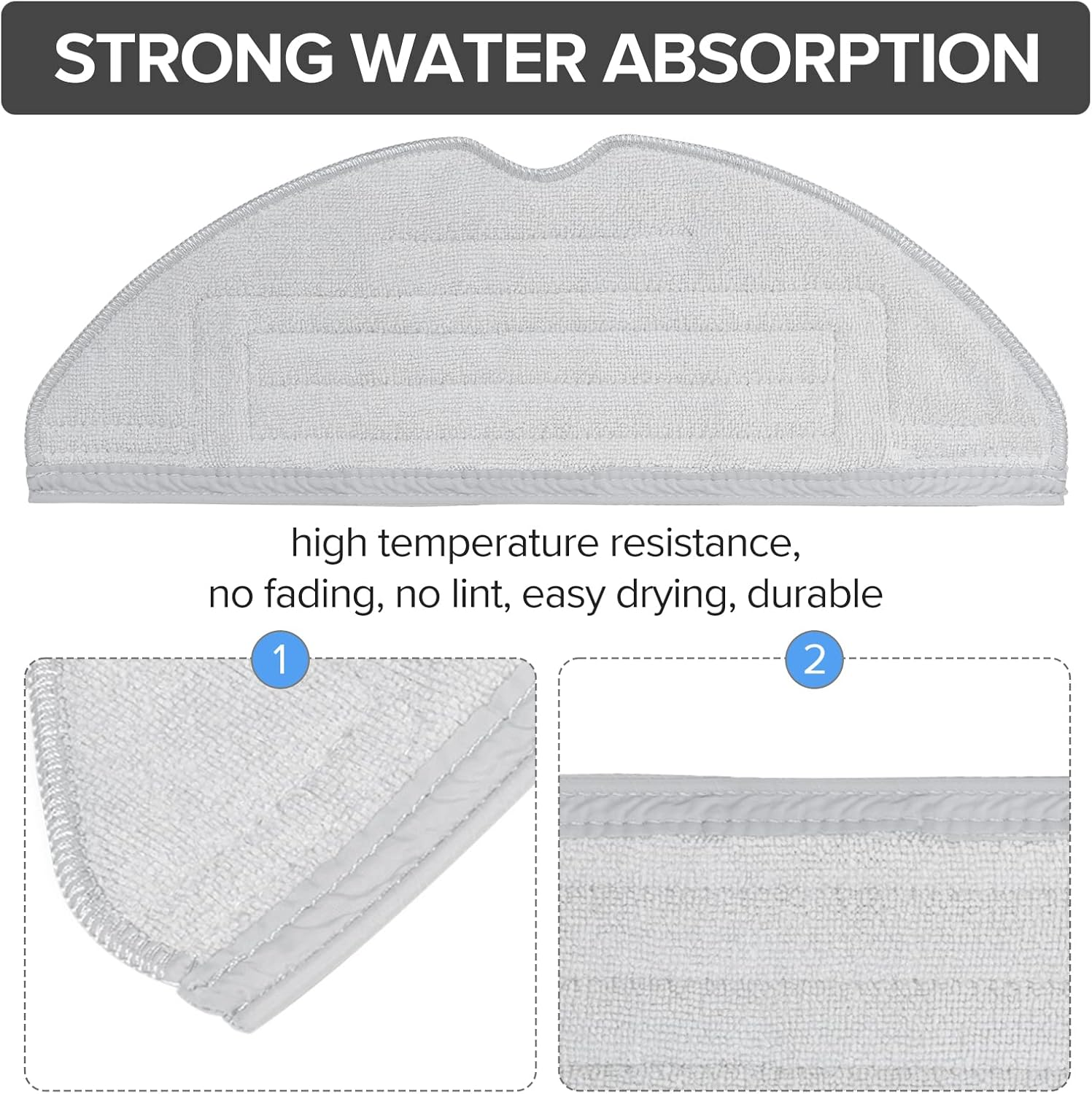 Een witte reinigingspad met de tekst: STRONG WATER ABSORPTION. Het heeft 2 close-ups van de textuur van de pad. De tekst luidt: hoge temperatuurbestendigheid.