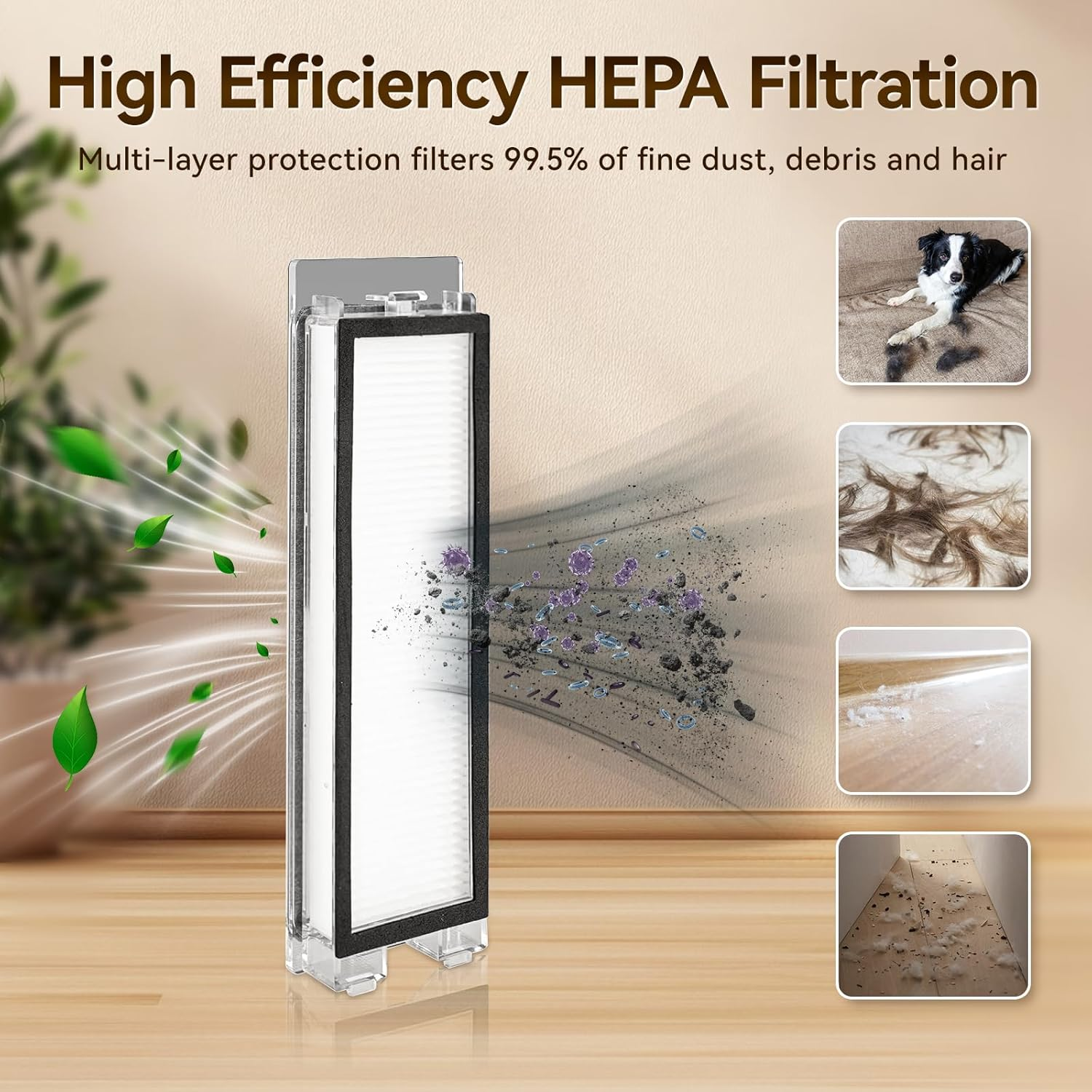 Afbeelding toont een HEPA-filter met stofdeeltjes. Insets tonen hond, haar en vuil. Tekst zegt 'High Efficiency HEPA Filtration'.