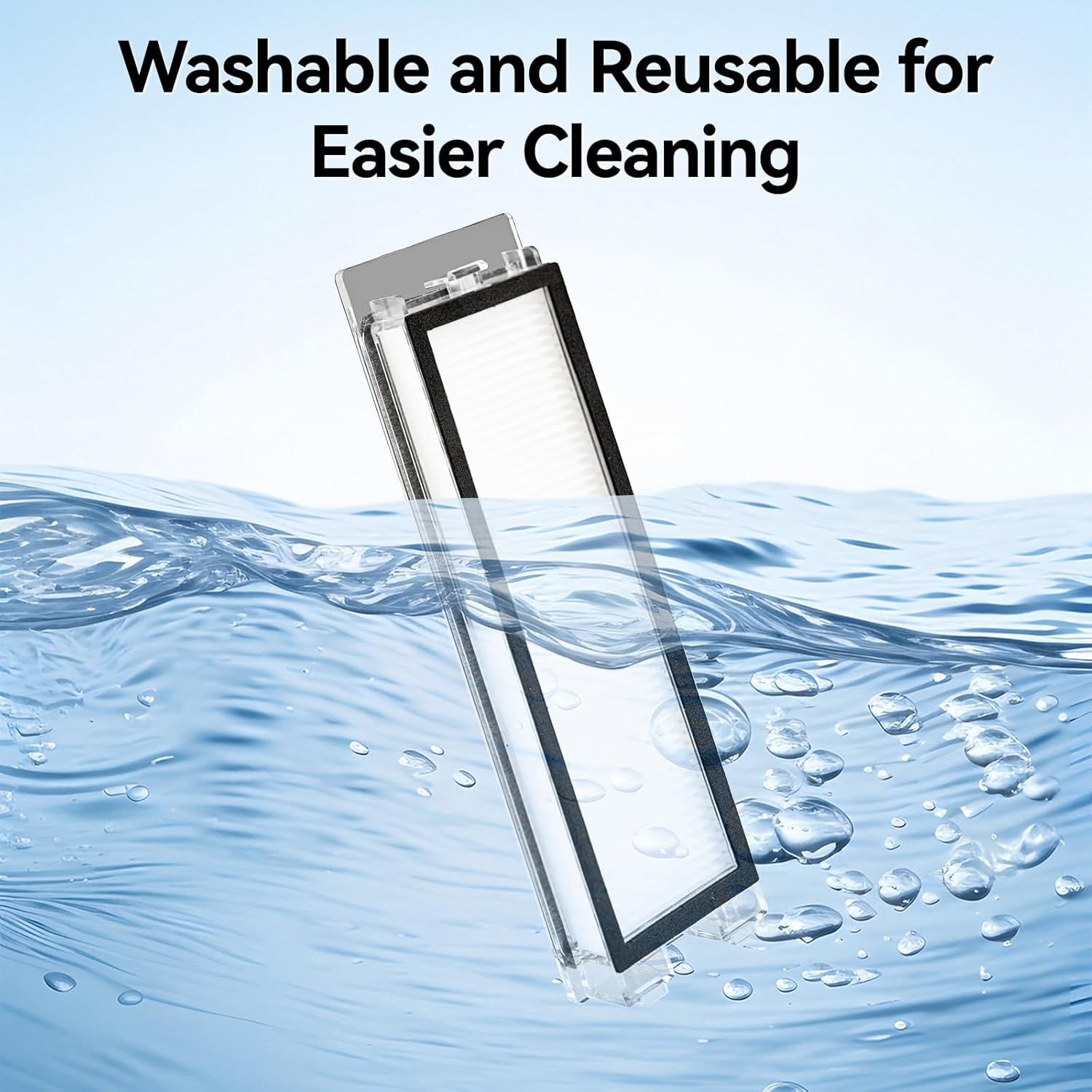 Een filter ondergedompeld in water, met bellen. Bovenstaande tekst zegt 'Wasbaar en herbruikbaar voor gemakkelijker schoonmaken'.
