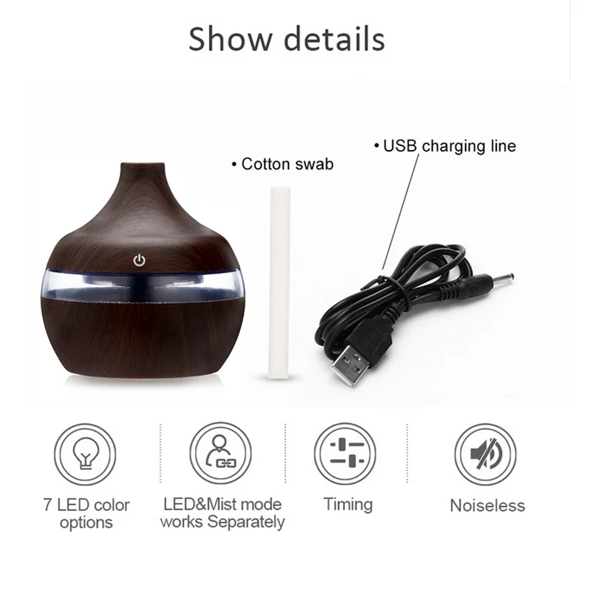 Ein Diffusor aus dunklem Holzmaserung, Wattestäbchen, USB-Ladekabel und Symbole für LED-Farben, Nebelmodus, Timing und geräuschlosen Betrieb.