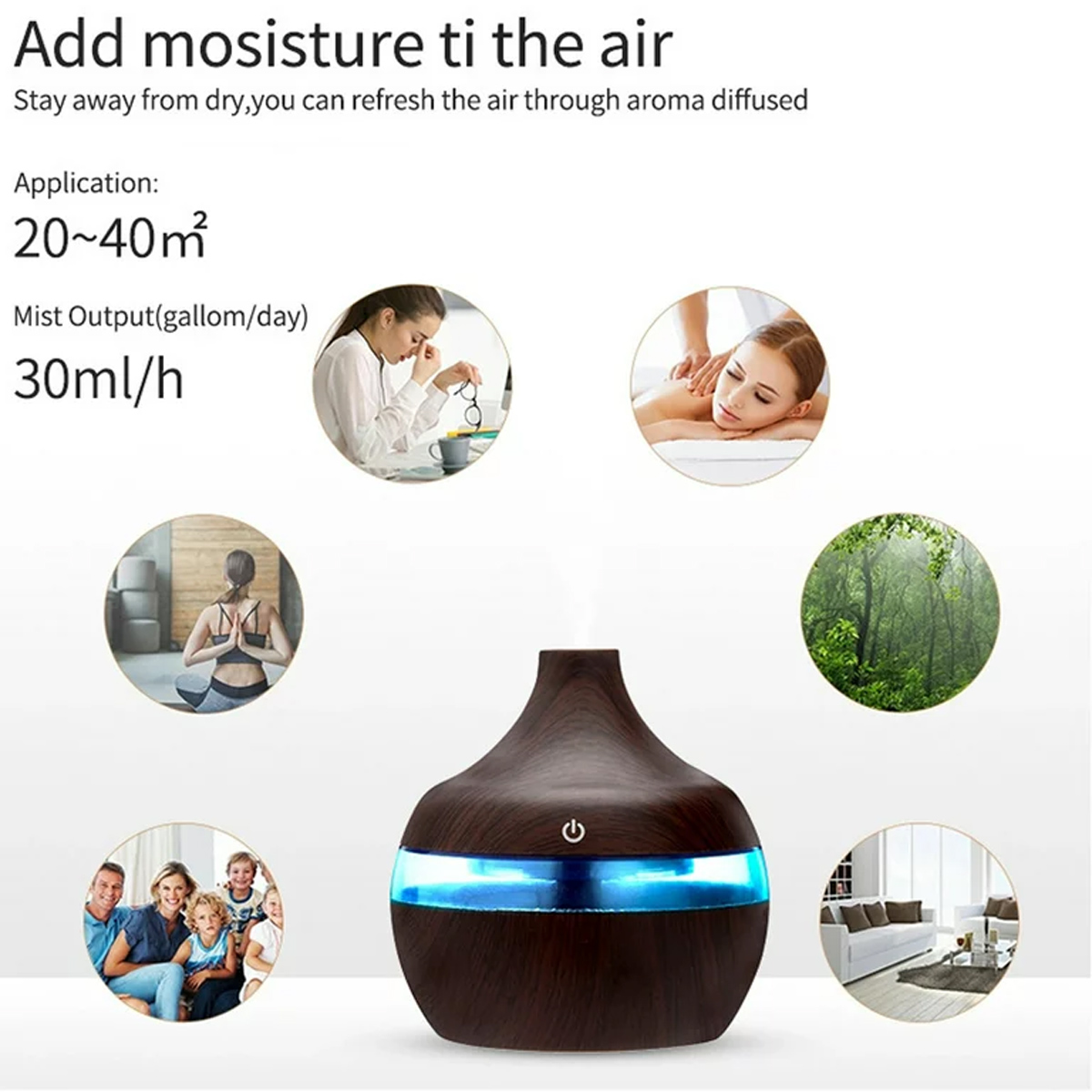 Ein dunkler Aroma-Diffusor aus Holz mit blauem Lichtband. Es gibt kreisförmige Bilder von Menschen, Spa, Yoga und einer Waldszene.