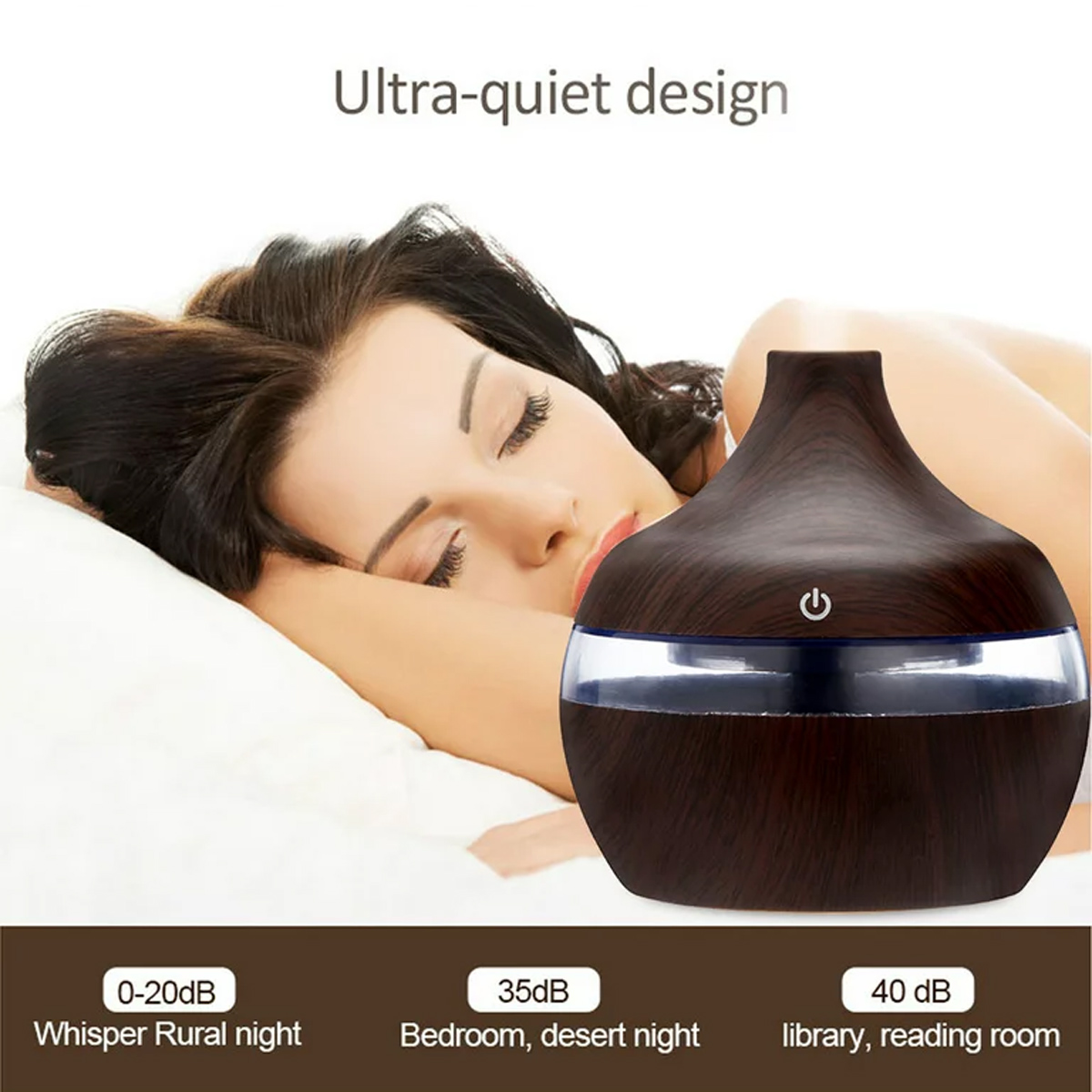 Eine Frau schläft neben einem Diffusor für ätherische Öle aus Holz. Text sagt 'ultra-leises Design'. Geräuschpegel werden angezeigt.