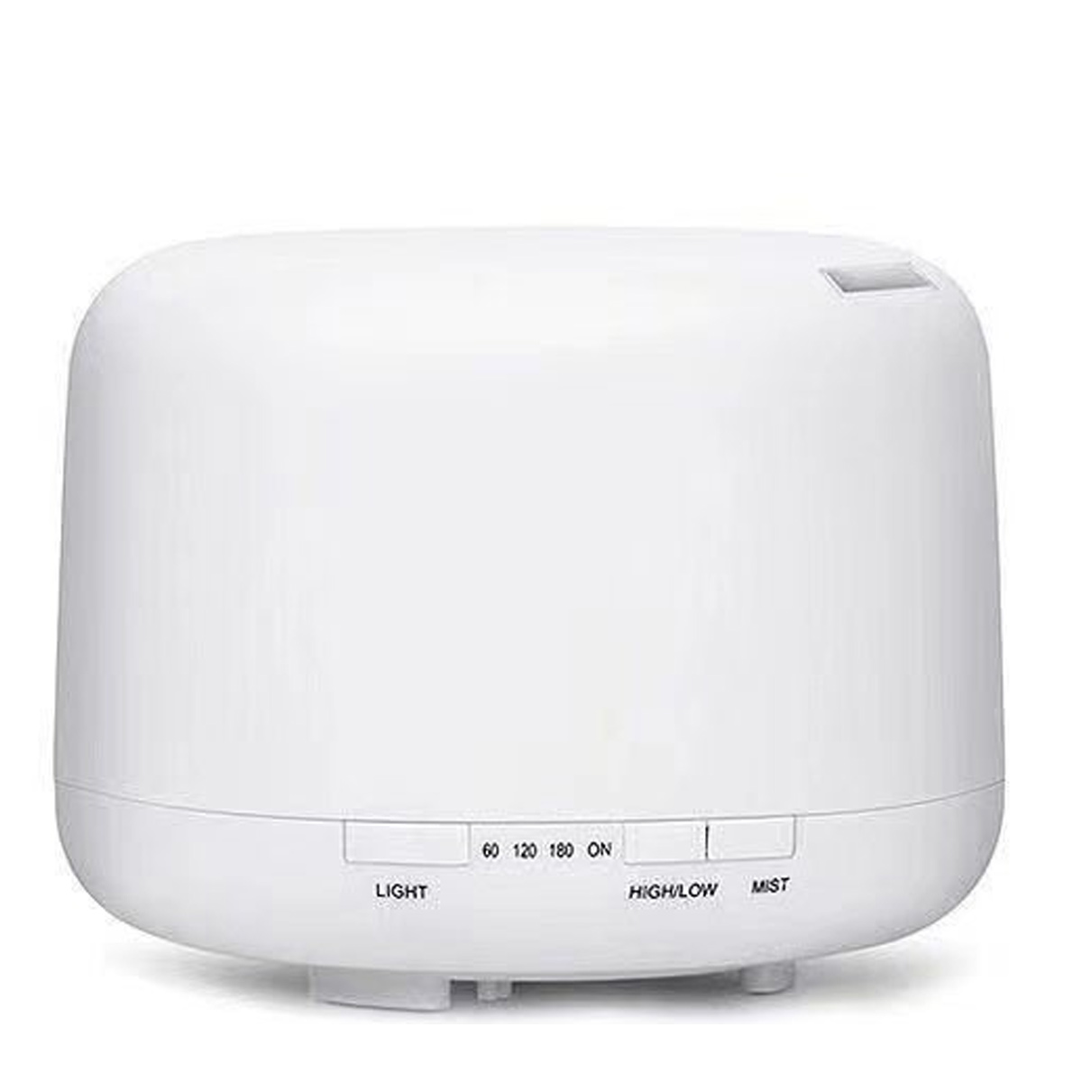 Ein weißer, oval geformter Diffusor für ätherische Öle. Er hat Tasten für Licht, Nebel und High/Low-Einstellungen.
