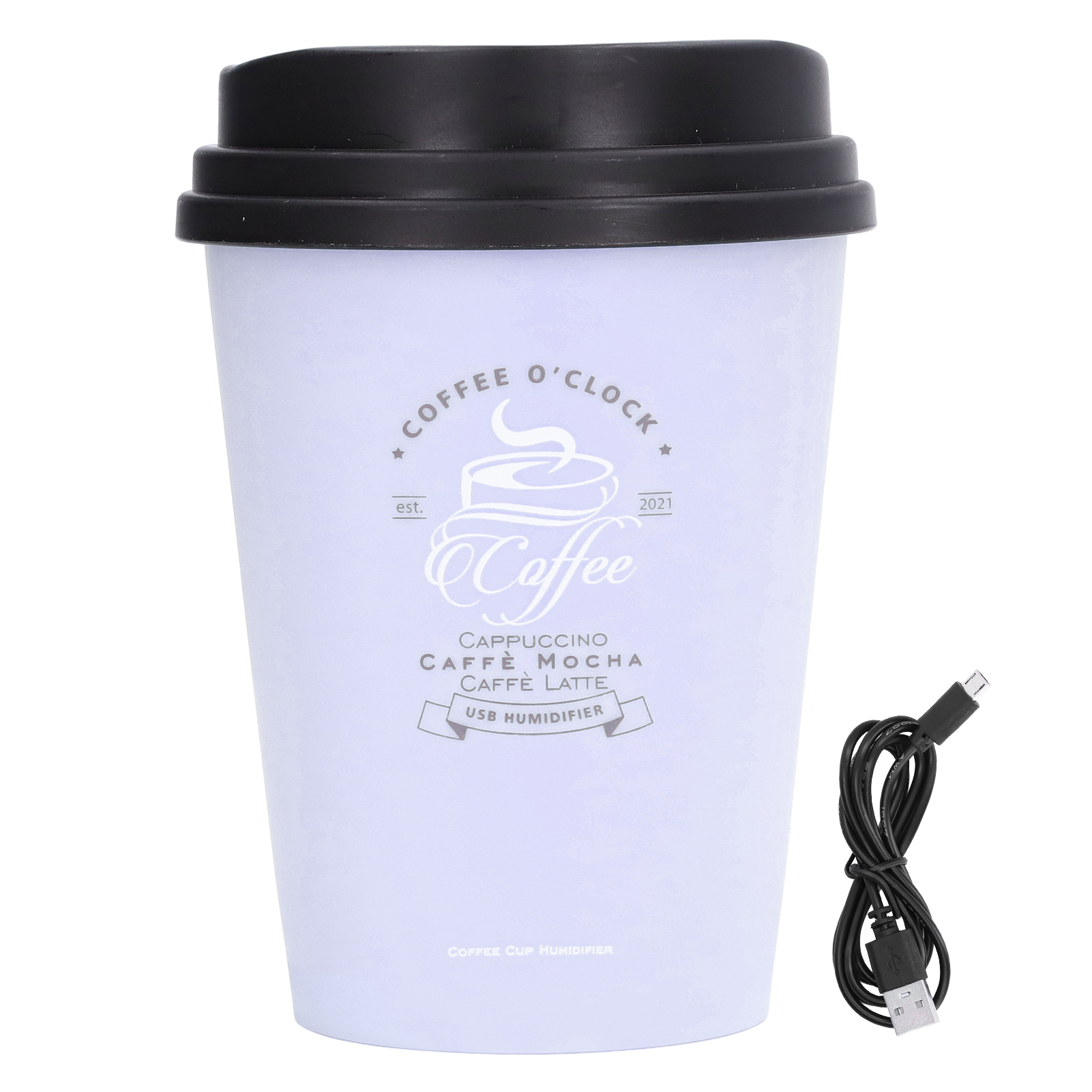 Ein weißer Kaffeebecher-Luftbefeuchter mit schwarzem Deckel. Er hat Kaffee-bezogenen Text und ein USB-Kabel.