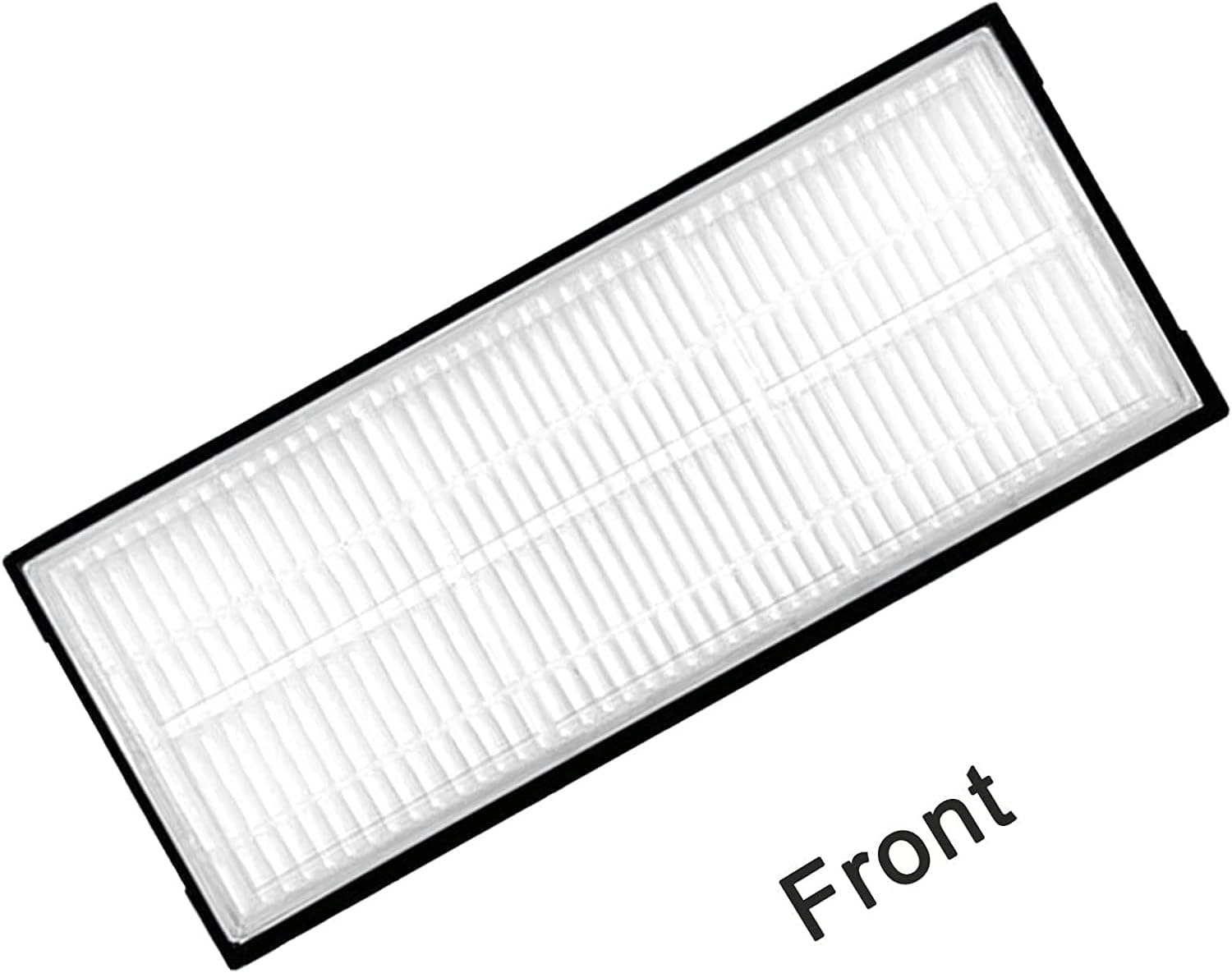 Een rechthoekig luchtfilter met een witte geplooide binnenkant en een zwart frame. Het woord "Front" staat rechtsonder.