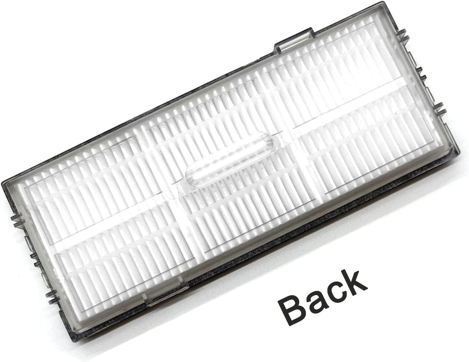 Een rechthoekig filter met een wit geplooid interieur. Het filter zit in een zwart frame, en het woord 'Back' staat eronder.