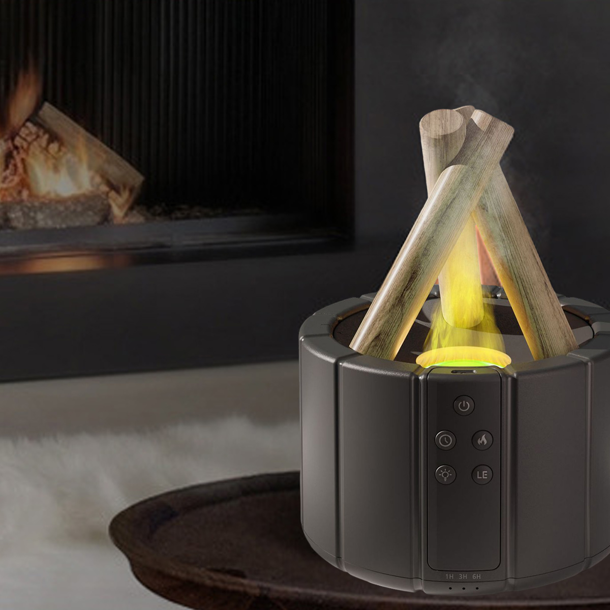 Ein dekorativer Kamin mit Holzscheiten, einem Flammeneffekt und Bedienelementen. Im Hintergrund befindet sich ein echter Kamin.