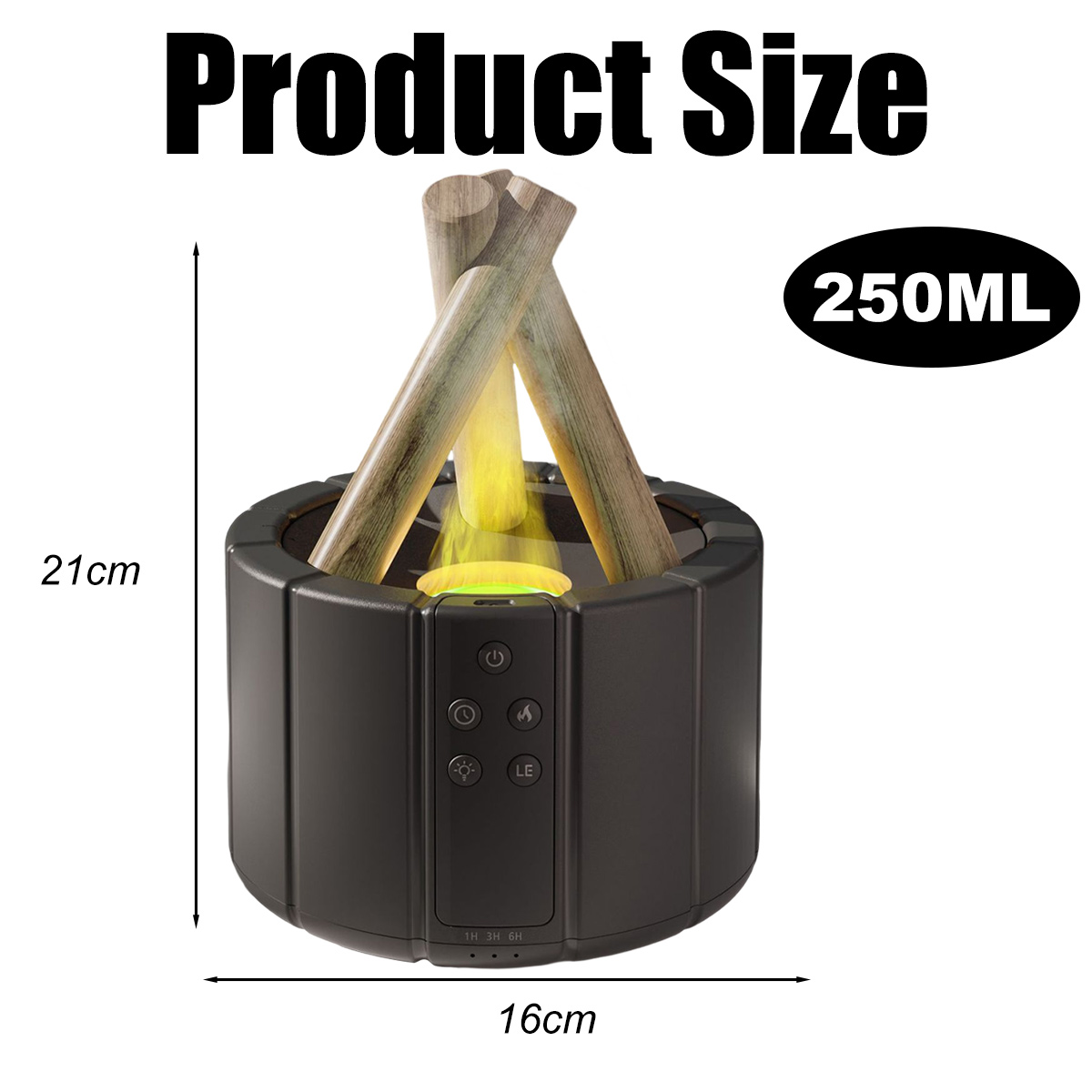 Schwarzes Produkt. Künstliches Feuer mit Holzstücken. Produktgröße ist 21cm x 16cm, 250ml. Knöpfe für Strom, Timer und Lichtoptionen.