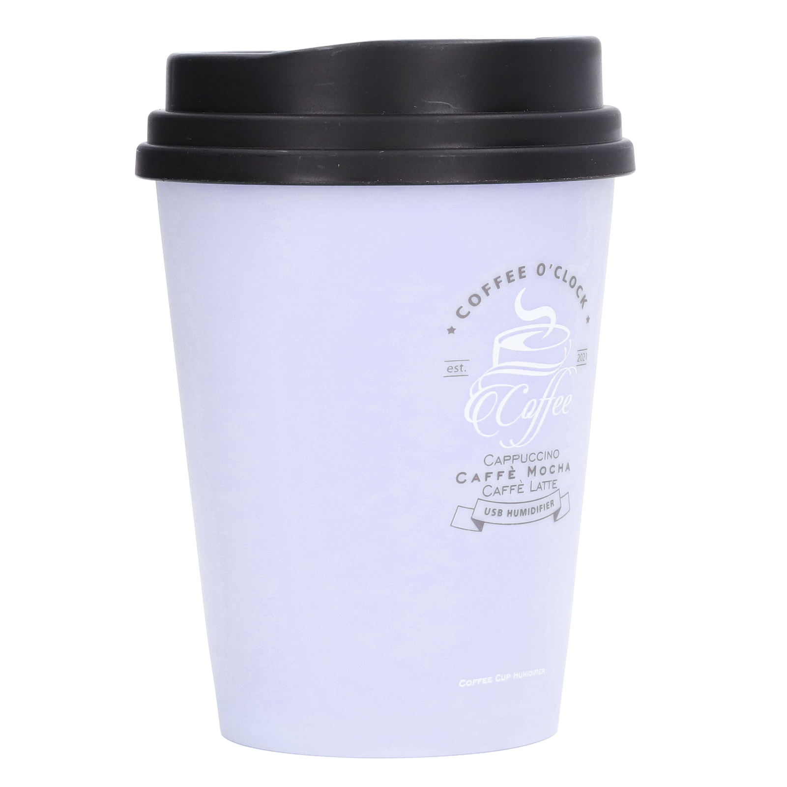 Ein weißer Kaffeebecher mit schwarzem Deckel. Er hat ein Logo mit Kaffeetext und sagt USB-Luftbefeuchter.