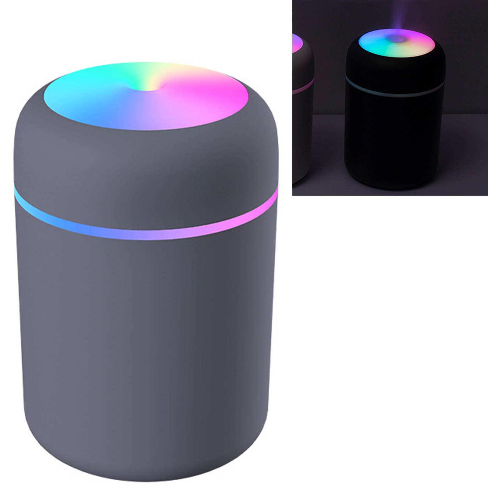 Ein grauer Luftbefeuchter mit mehrfarbigem Licht oben und einem Lichtband in der Mitte. Zwei weitere Luftbefeuchter im Hintergrund.
