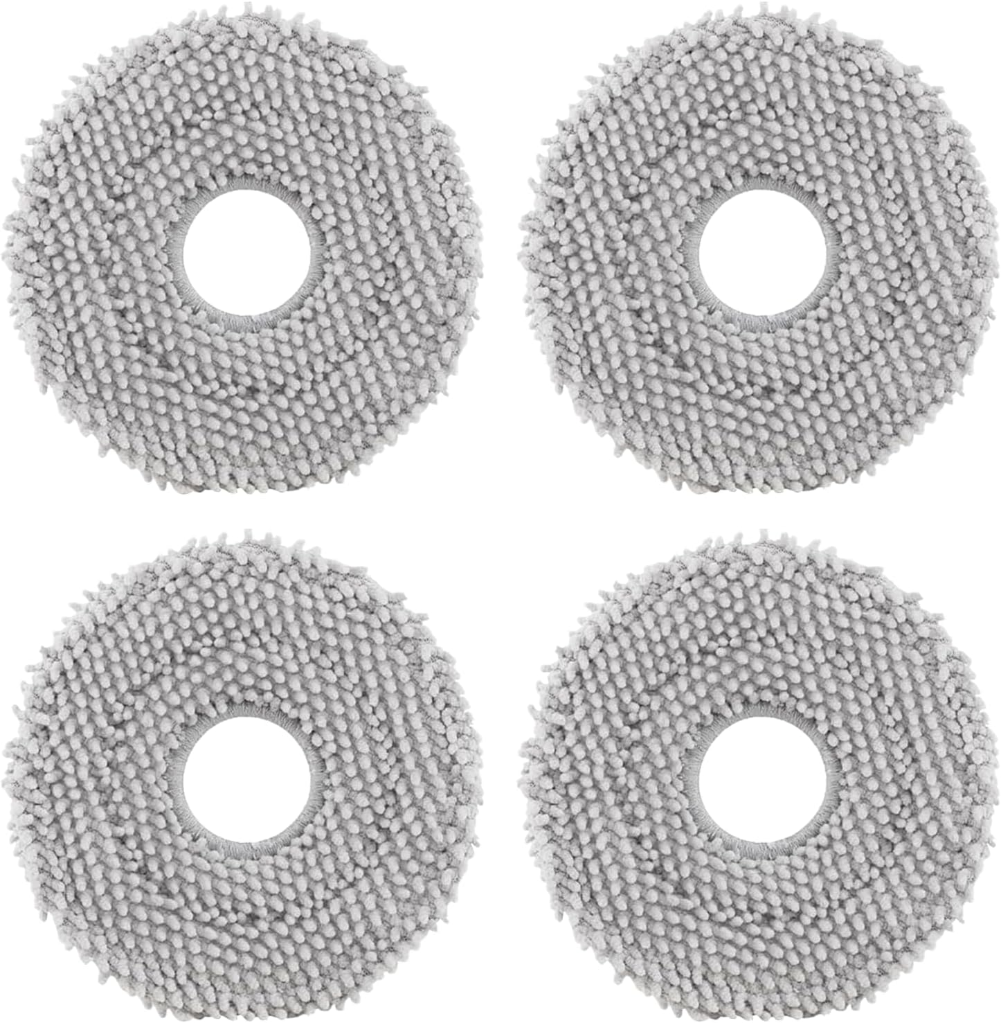 Vier grijze ronde dweilpads met een centraal gat. Elk heeft een getextureerd oppervlak. De achtergrond is wit.