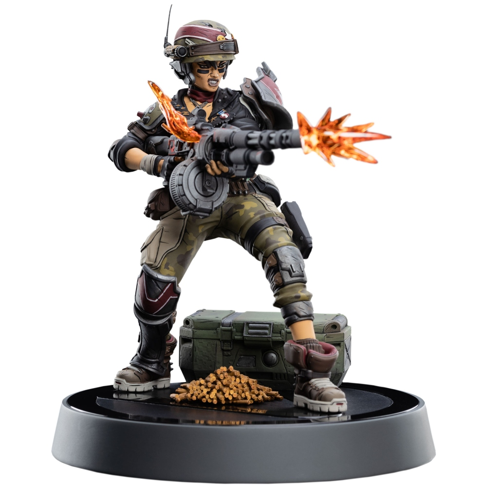 Eine Figur einer Soldatin, die ein Maschinengewehr abfeuert. Sie trägt einen Helm und Kampfausrüstung. Orange Flammen kommen aus der Waffe.