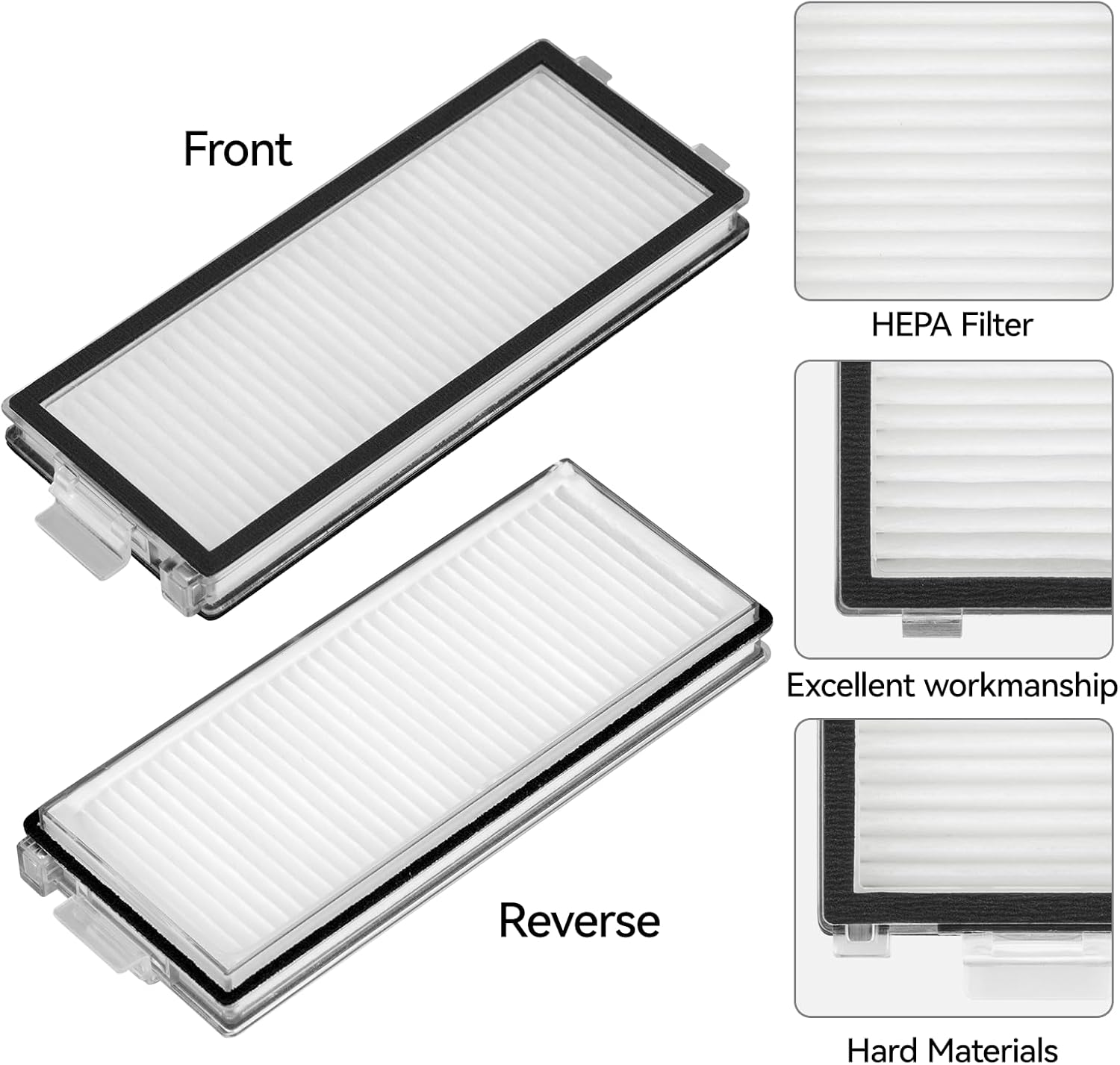 Twee rechthoekige luchtfilters, gemarkeerd met 'Front' en 'Reverse'. Details: HEPA-filter, uitstekende afwerking en harde materialen.