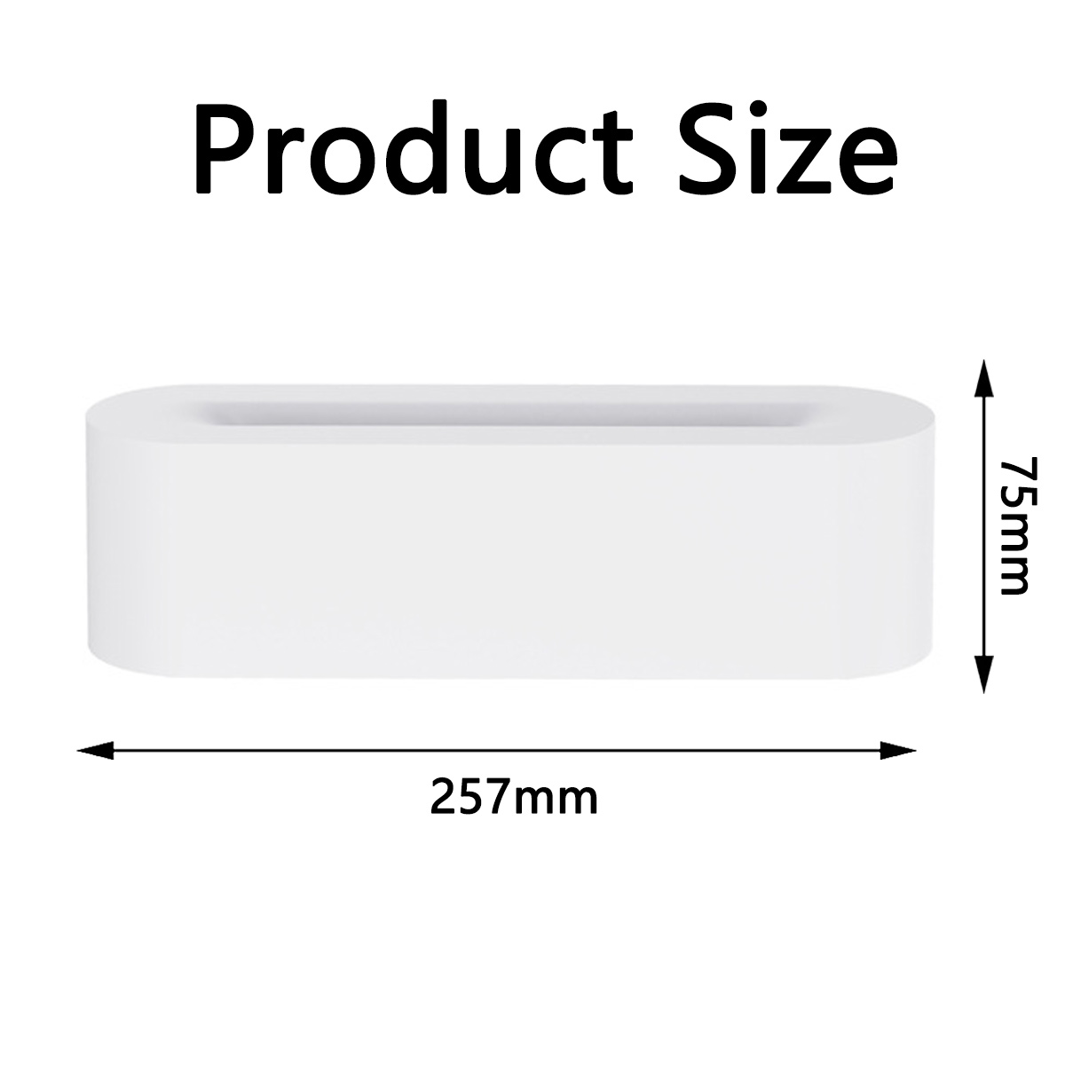 Ein weißes, rechteckiges Produkt mit beschrifteten Abmessungen. Es ist 257 mm lang und 75 mm hoch. Text 'Produktgröße' steht oben.