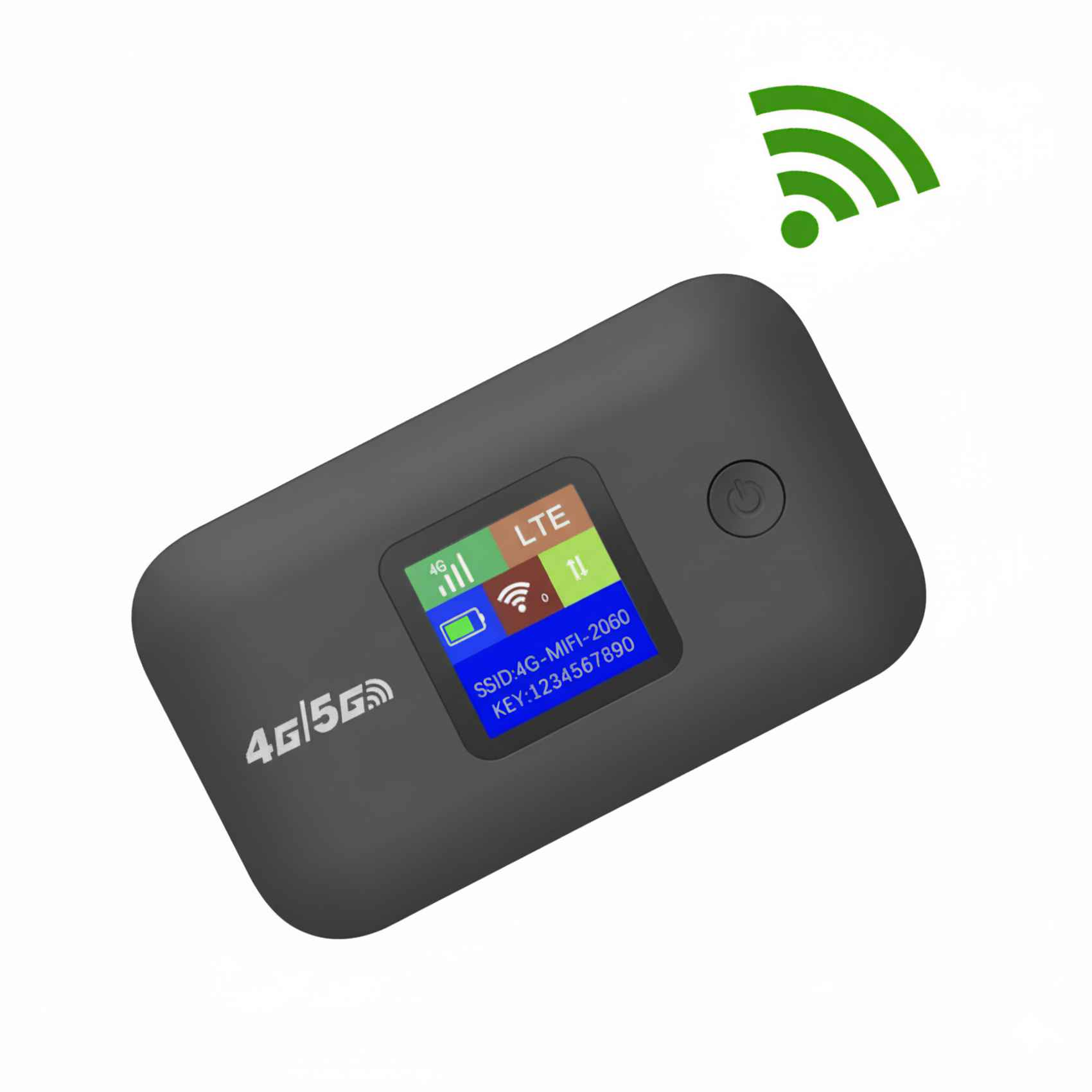 Ein schwarzes 4G/5G mobiles WLAN-Gerät mit einem Bildschirm, der Netzwerkinformationen anzeigt. Ein grünes WLAN-Signal-Symbol ist darüber.