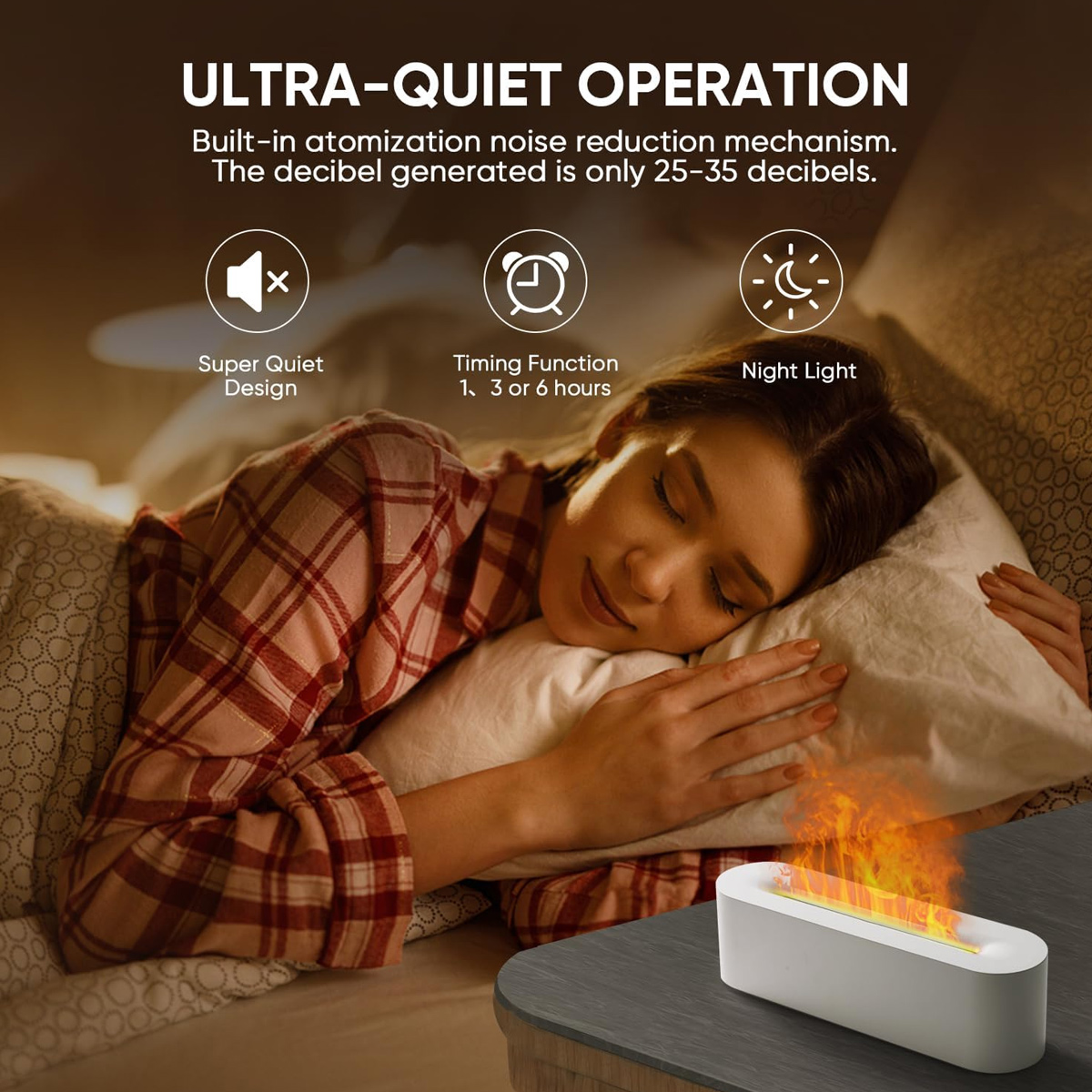 Eine Frau schläft im Bett, ein kleiner Kamin steht auf dem Tisch, er hat einen Flammeneffekt. Der Text lautet ultra-leiser Betrieb.