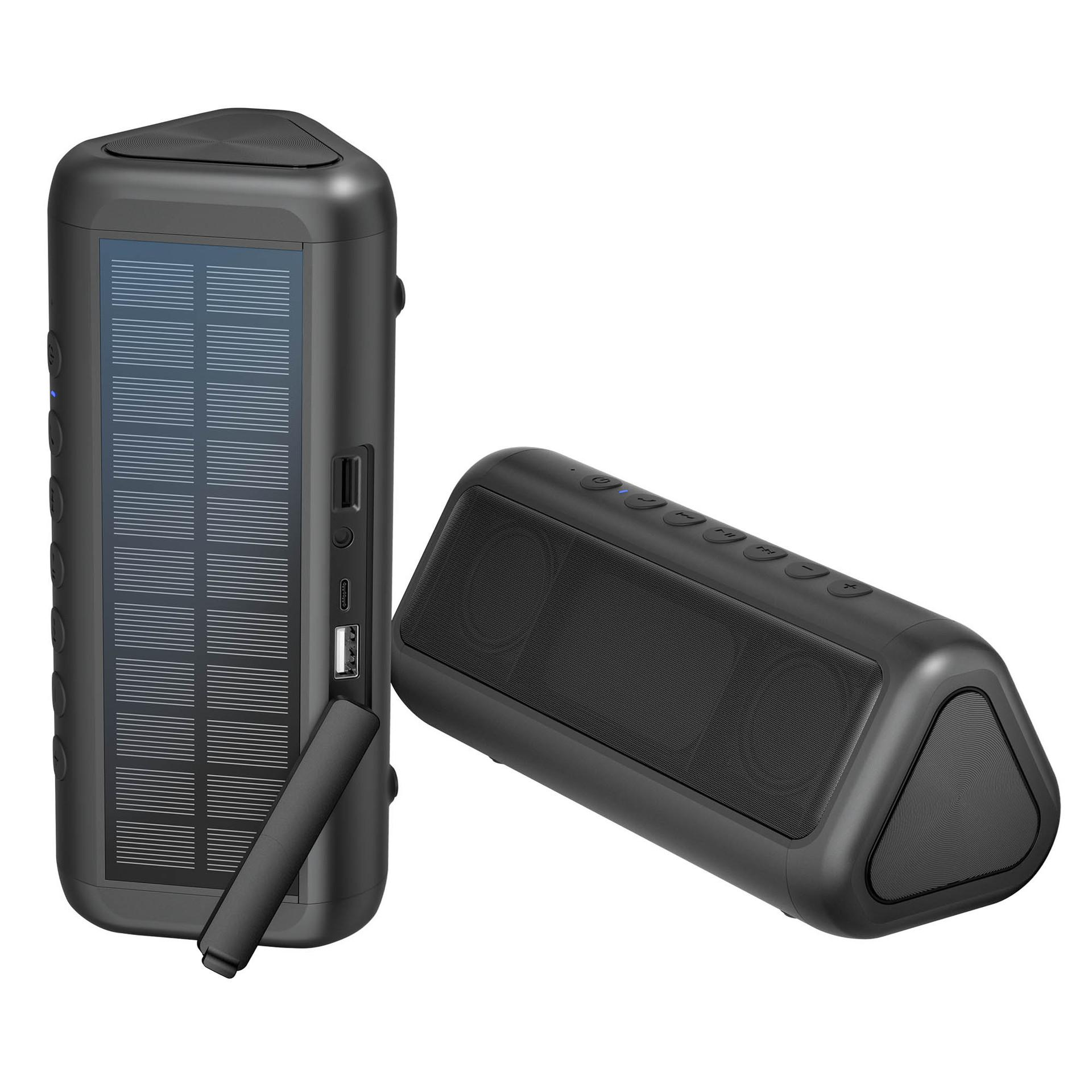 Zwei schwarze Lautsprecher mit Solarpanel. Einer aufrecht, der andere auf der Seite. Weißer Hintergrund.