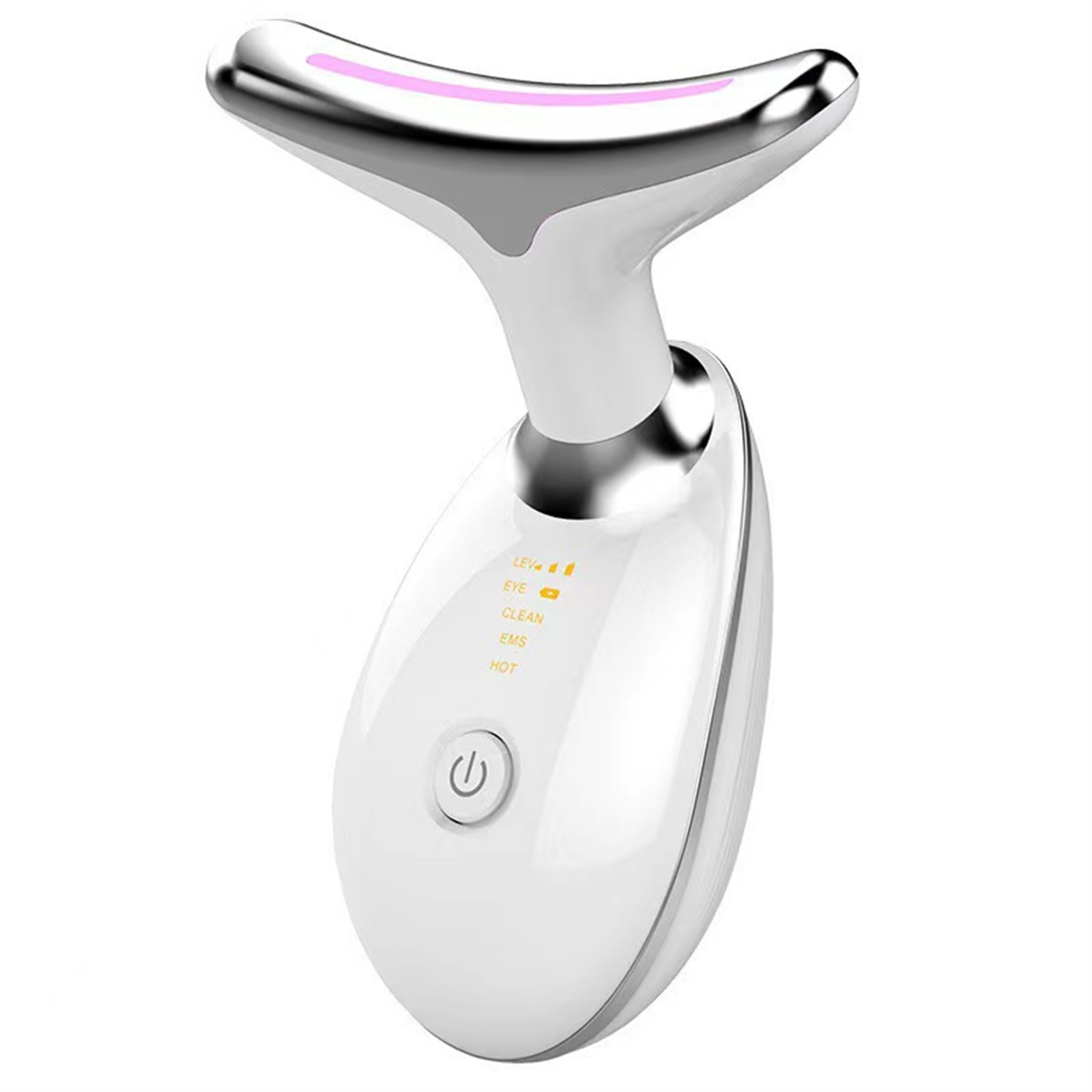 Ein weißes und silbernes Nackenmassagegerät. Es hat einen gebogenen Kopf mit rosa Licht und einen weißen Körper mit Steuertasten.