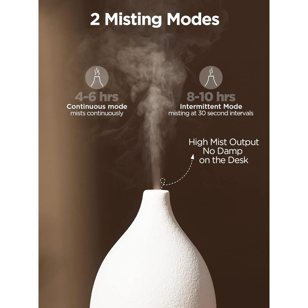 Ein weißer Diffusor mit Nebel, zwei Nebelmodi: Dauerbetrieb (4-6 Std.) und Intervall (8-10 Std.). Text: Hohe Nebelausgabe, kein Feuchtigkeit.