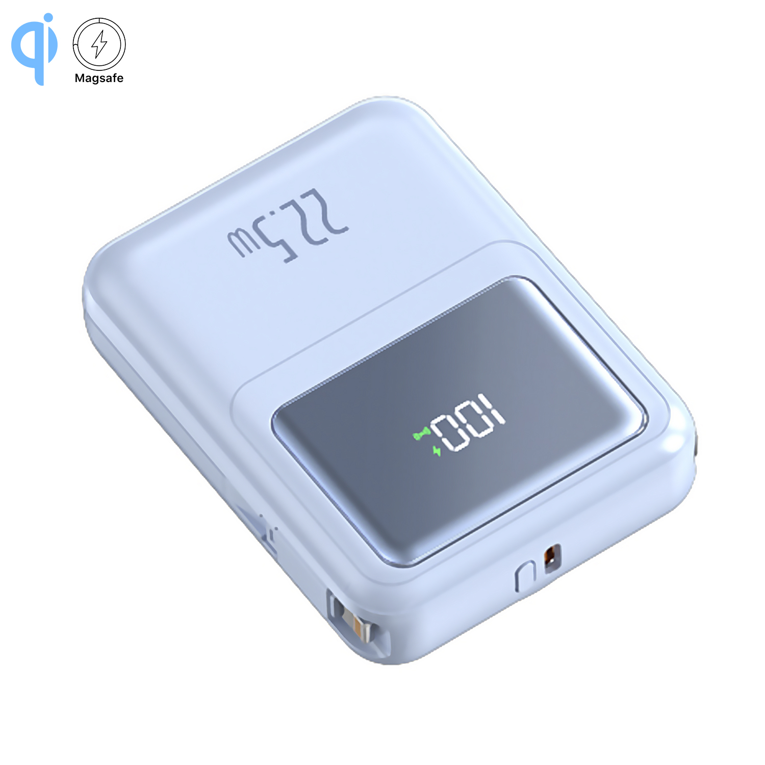 Un power bank bianco con display digitale che mostra la carica al 100%. Ha un logo Magsafe.