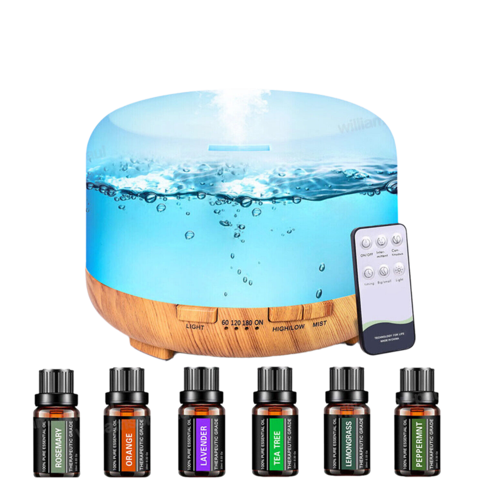 Ein Aromatherapie-Diffusor mit Wasser, einer Fernbedienung und sechs ätherischen Ölflaschen. Der Diffusor hat einen Holzsockel.