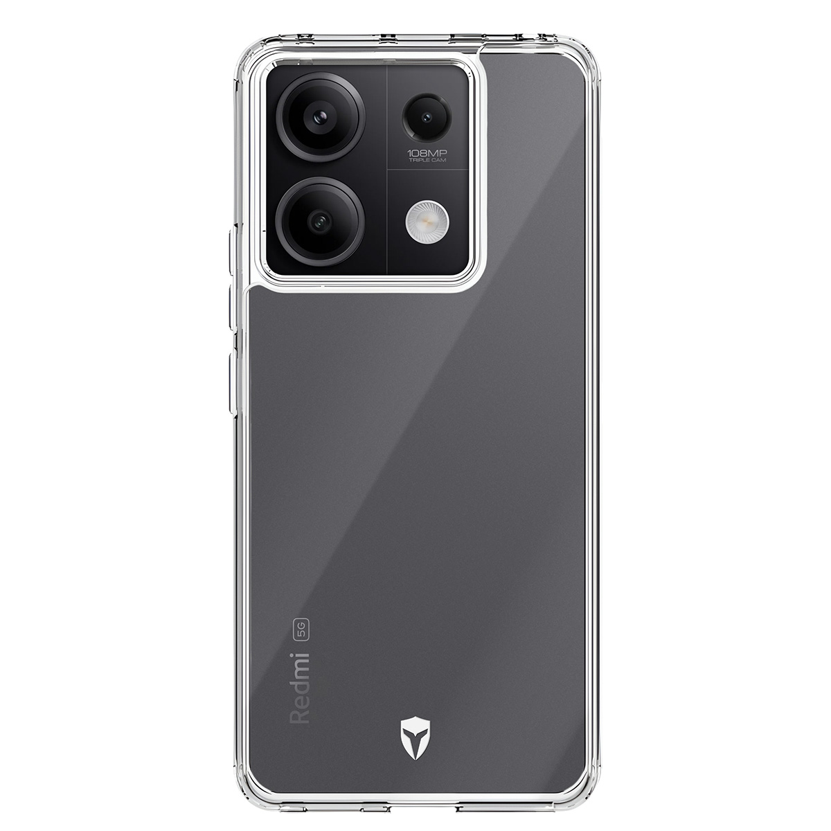 Una custodia trasparente per telefono che protegge un telefono Redmi 5G. Ha tre fotocamere, un logo e il marchio del telefono visibile.