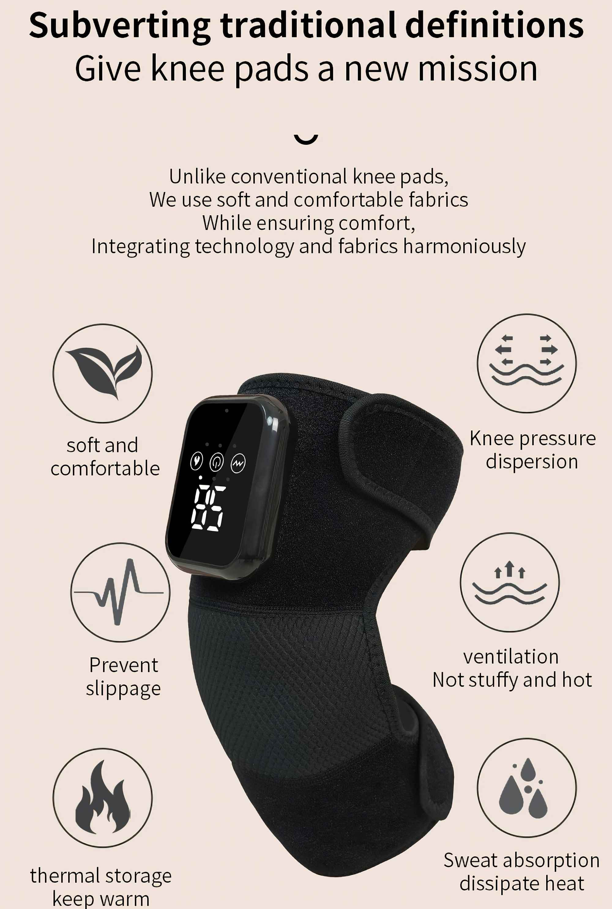 Schwarze Kniebandage mit digitaler Anzeige, Symbolen und Text, der Funktionen wie Komfort und Wärme beschreibt.