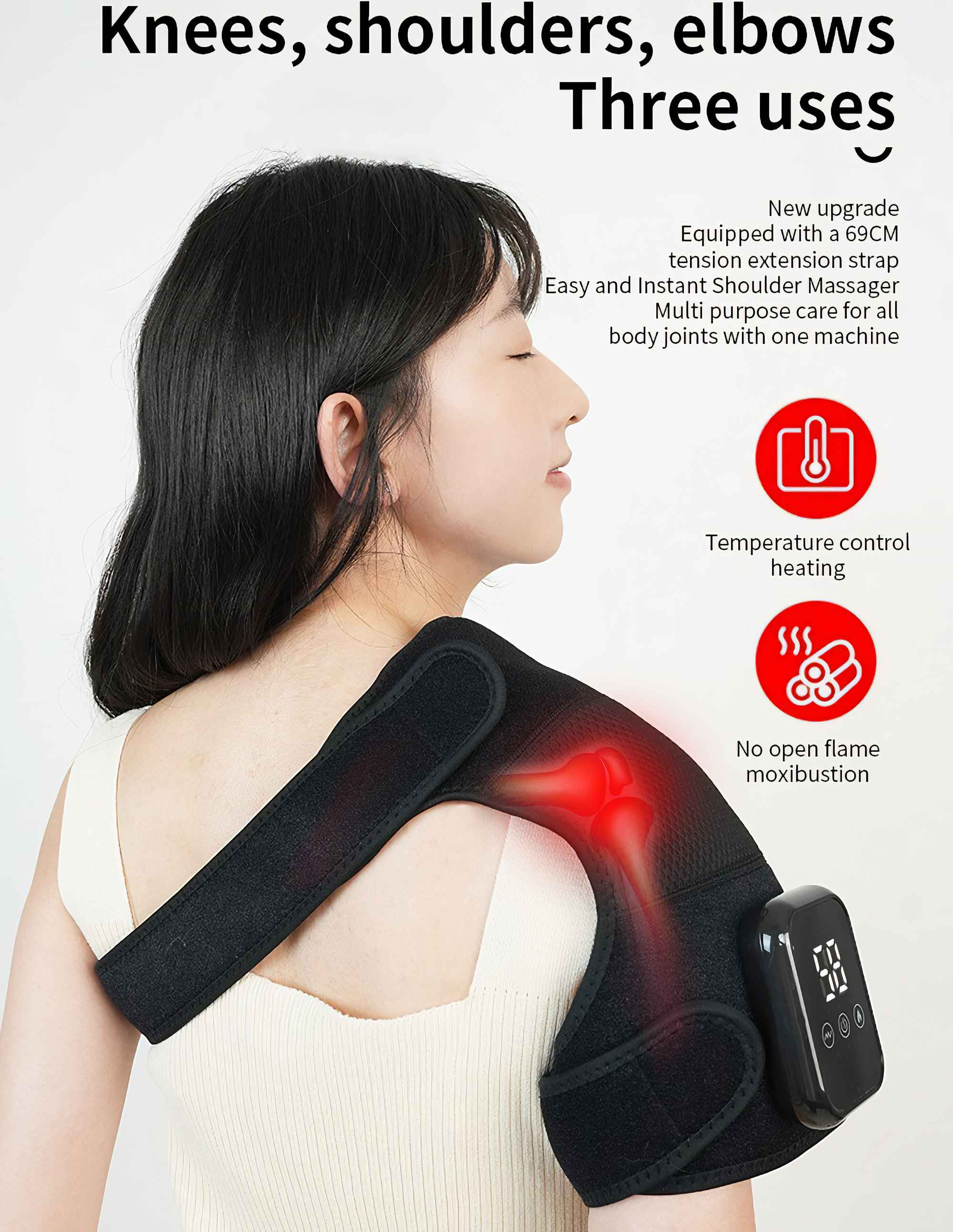 Eine Frau mit einem schwarzen Schultermassagegerät. Das Bild zeigt Produktdetails und Text über die Funktionen des Massagegeräts.