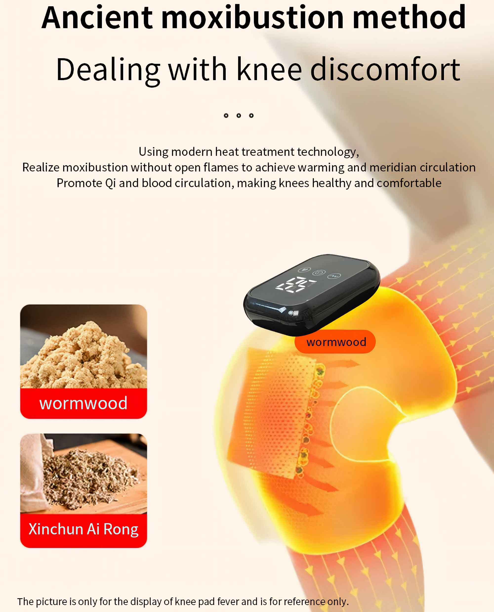 Das Bild zeigt die Knie-Moxibustion-Methode. Es enthält Beifuß, Knieschoner und Text über Kniegesundheit.