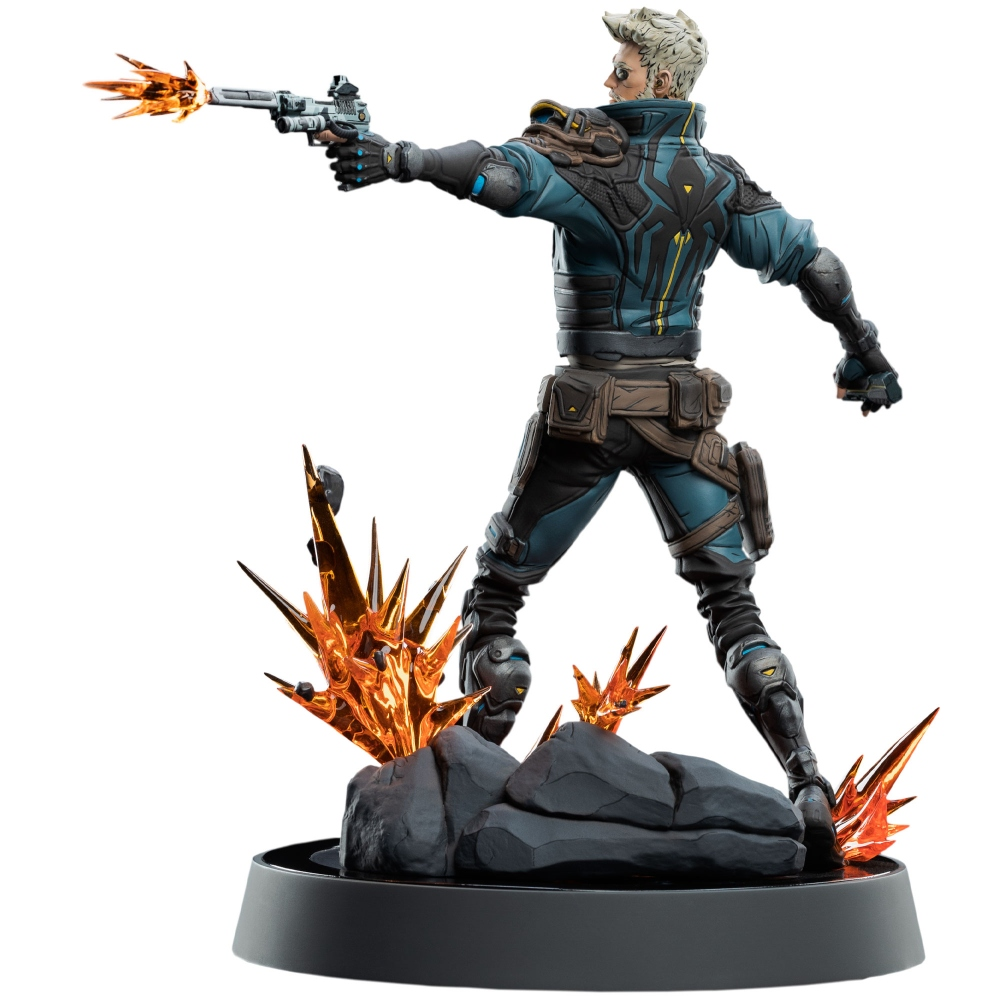 Statue eines Mannes in blauer und schwarzer Rüstung, der eine Waffe mit orangefarbenen Flammen abfeuert. Er steht auf einem schwarzen Sockel mit orangefarbenen Kristallen.
