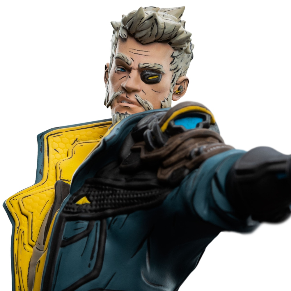 Figur eines Mannes mit Augenklappe, blauer und gelber Kleidung und einem strengen Gesichtsausdruck, vor weißem Hintergrund.