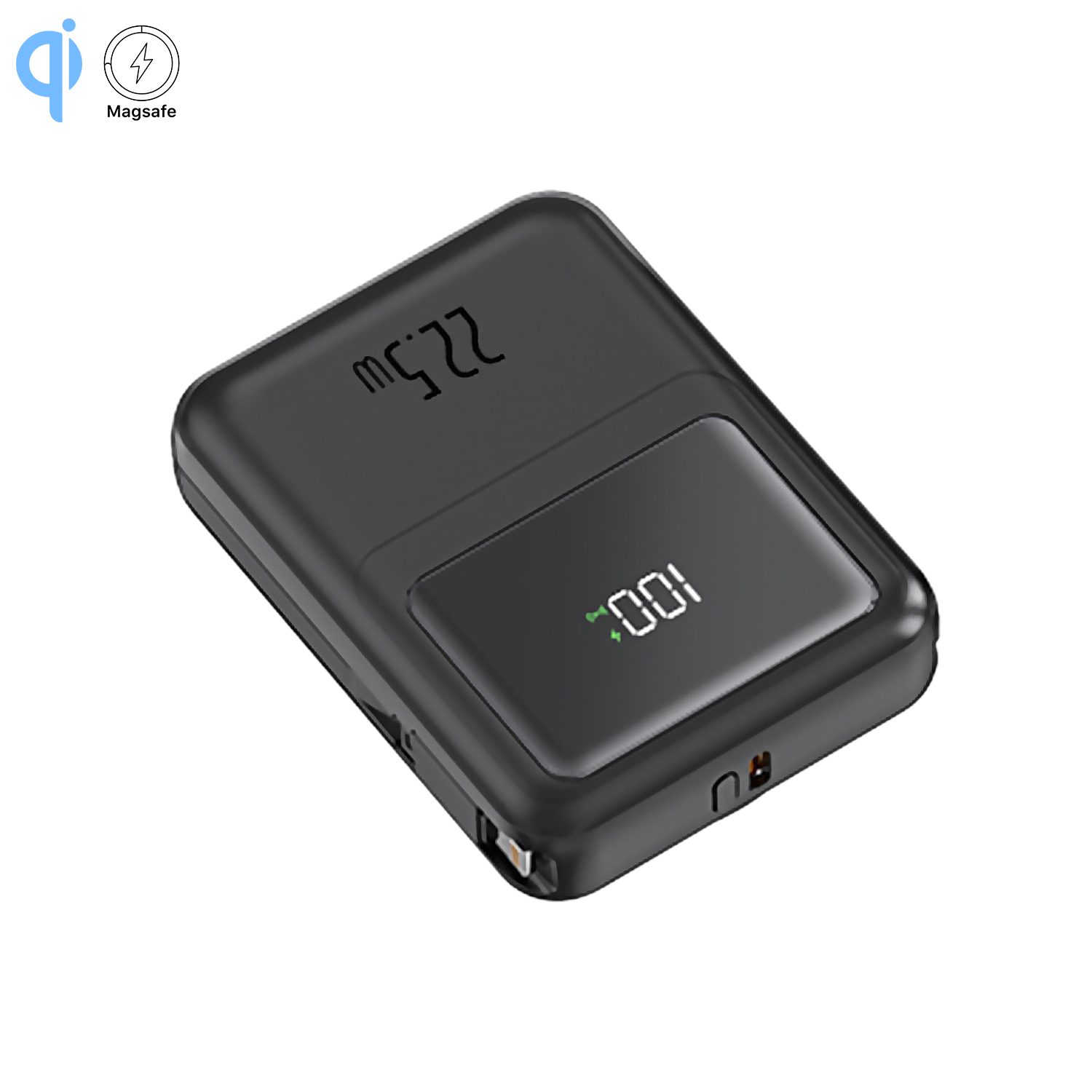 Power bank nera con display digitale che mostra il 100%. In alto a sinistra icone Qi e Magsafe. 22,5 W visualizzati in alto.