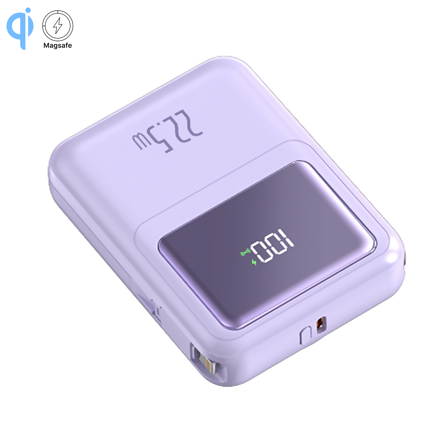 Un power bank lavanda con display che mostra il 100%. Il dispositivo ha un'uscita di 22,5 W e un logo magsafe.