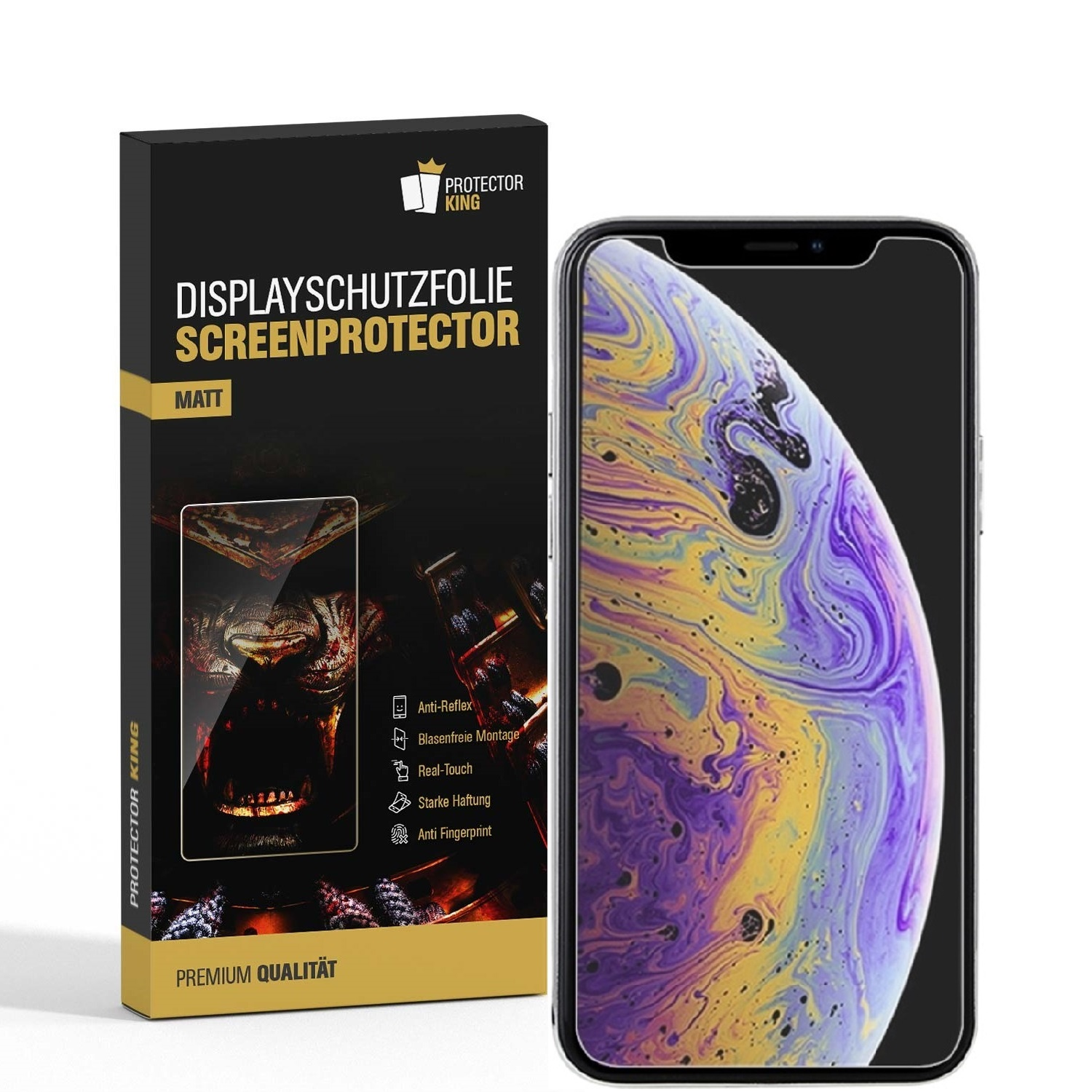 Ein Telefon und eine Displayschutzfolienbox werden gezeigt. Auf der Box steht Text wie 'Screen Protector' und 'Matt'. Der Telefonbildschirm zeigt bunte Wirbel.