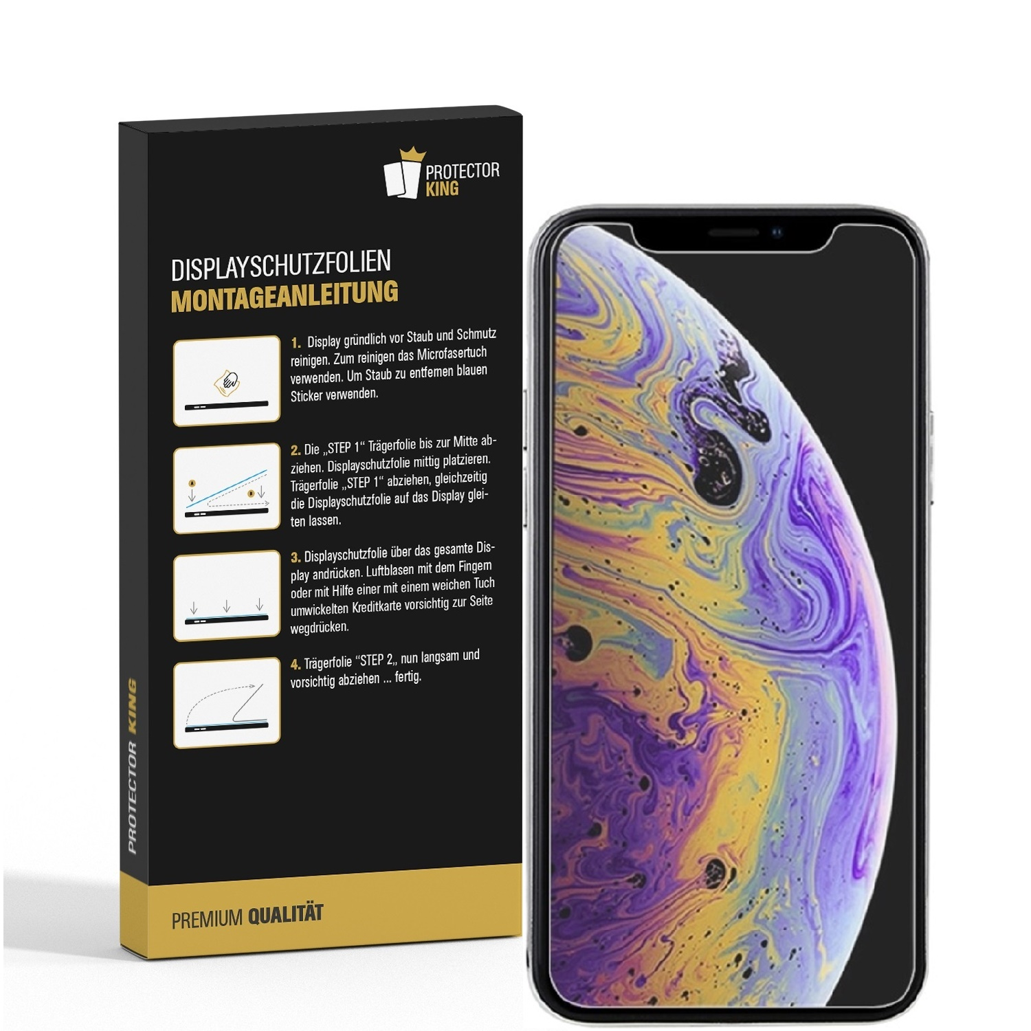 Ein Telefon mit Displayschutzfolie neben einer Box mit Anweisungen. Das Telefon zeigt bunte abstrakte Kunst.