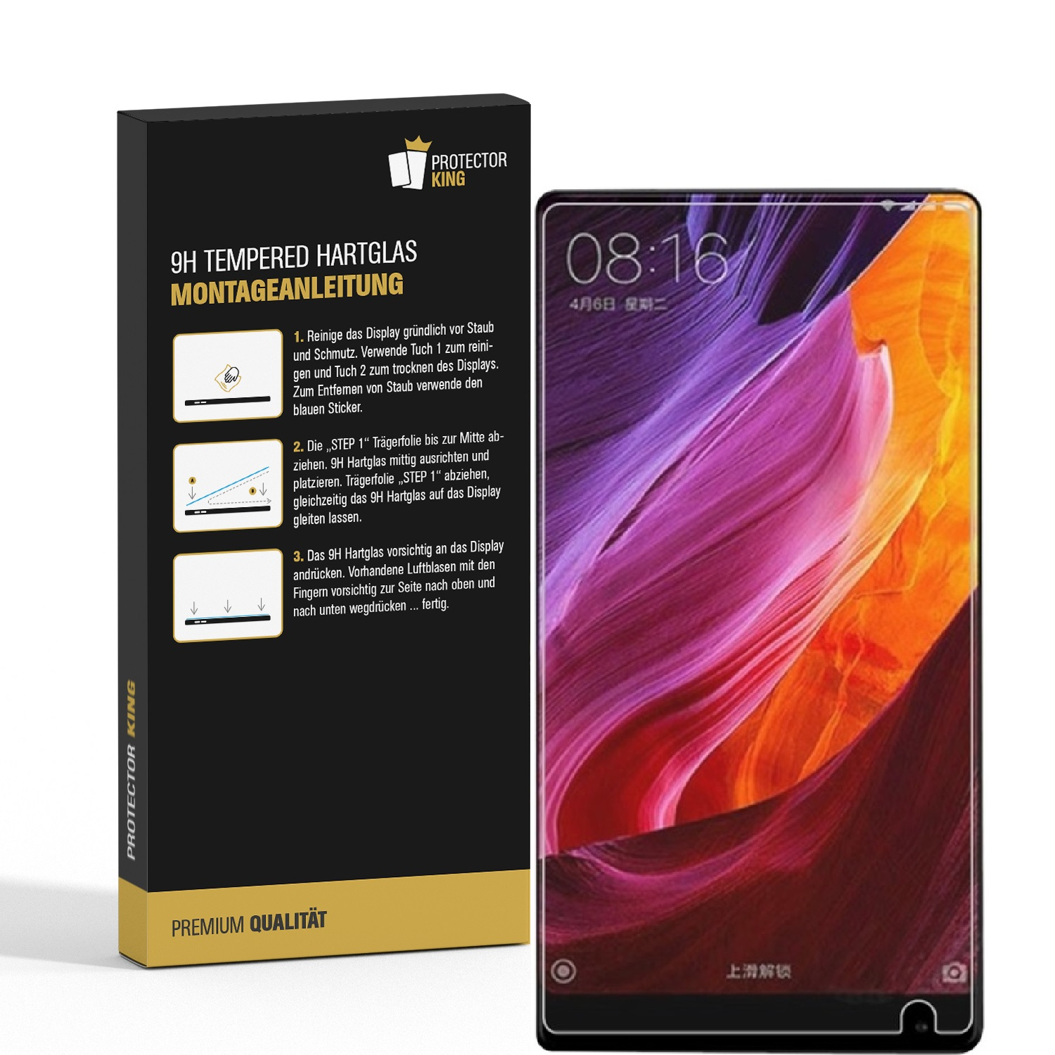 Eine Schirmprotektor-Box mit Anweisungen und ein Telefon mit der Uhrzeit. Der Bildschirm zeigt einen bunten Verlauf.