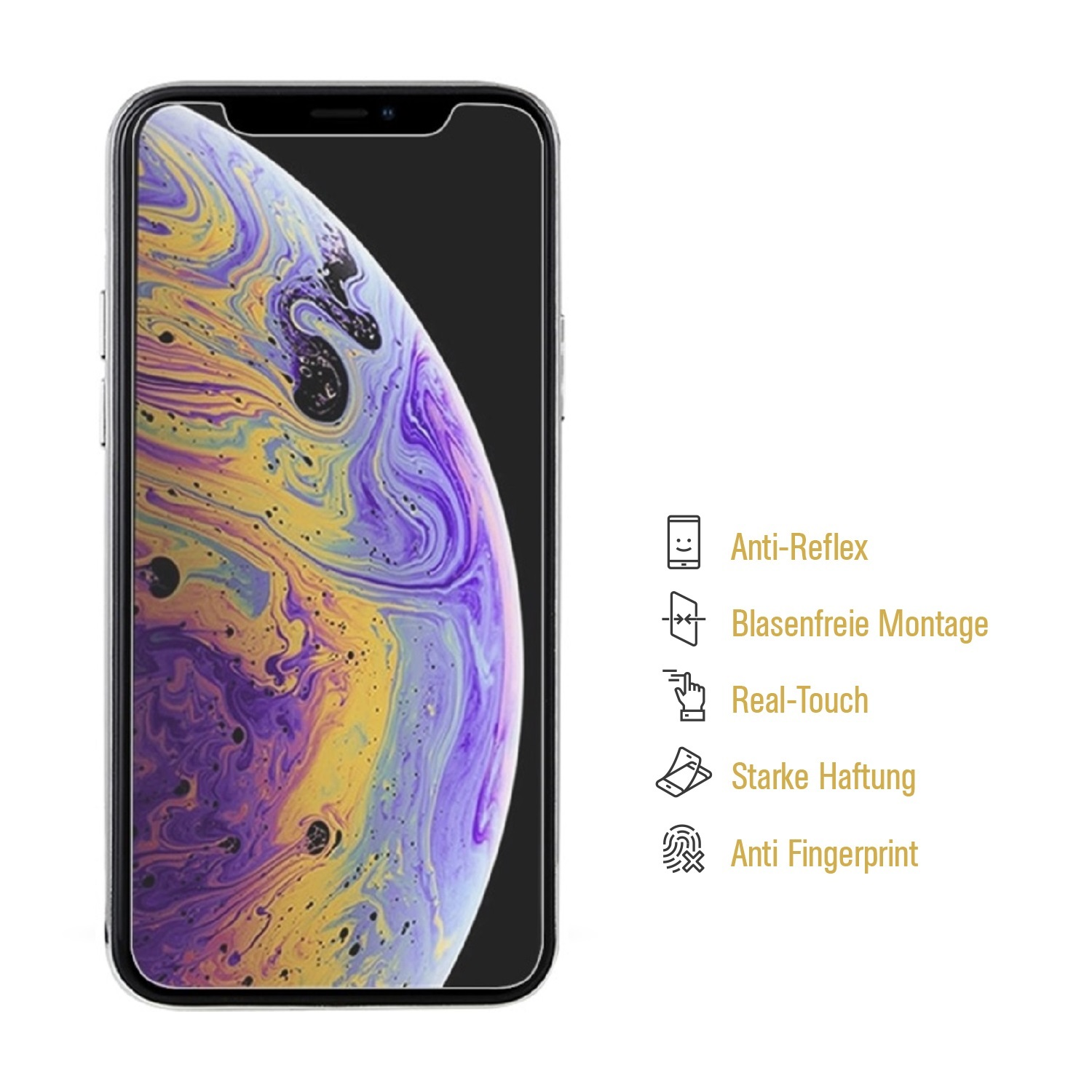 Ein Smartphone mit Displayschutzfolie, die ein farbenfrohes Wirbelmuster zeigt. Merkmale: Anti-Reflex, blasenfreie Montage, Real-Touch, starke Haftung und Anti-Fingerprint.