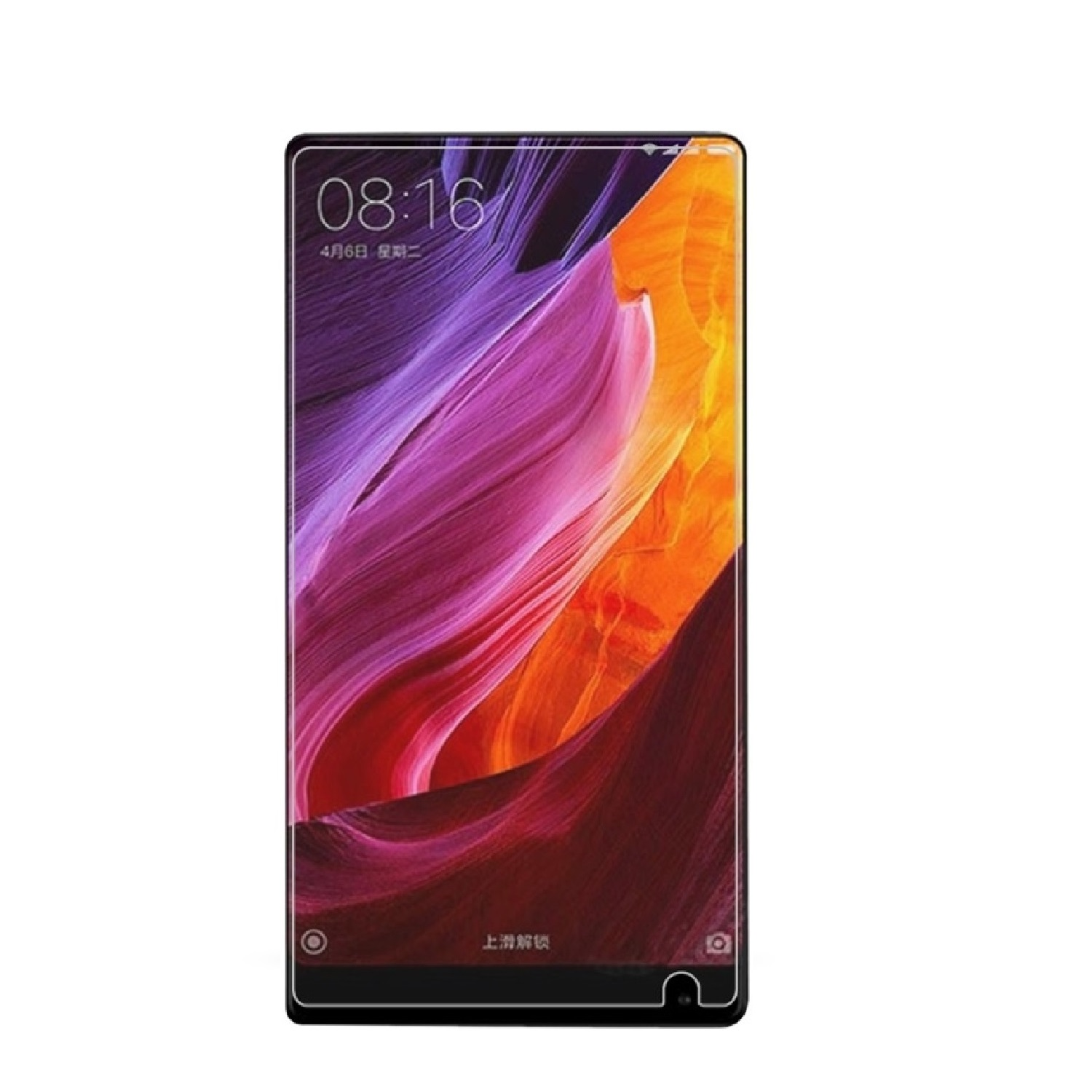 Ein Smartphone-Bildschirm zeigt ein farbenfrohes abstraktes Bild. Die Uhrzeit ist 08:16. Der Displayschutz ist sichtbar.