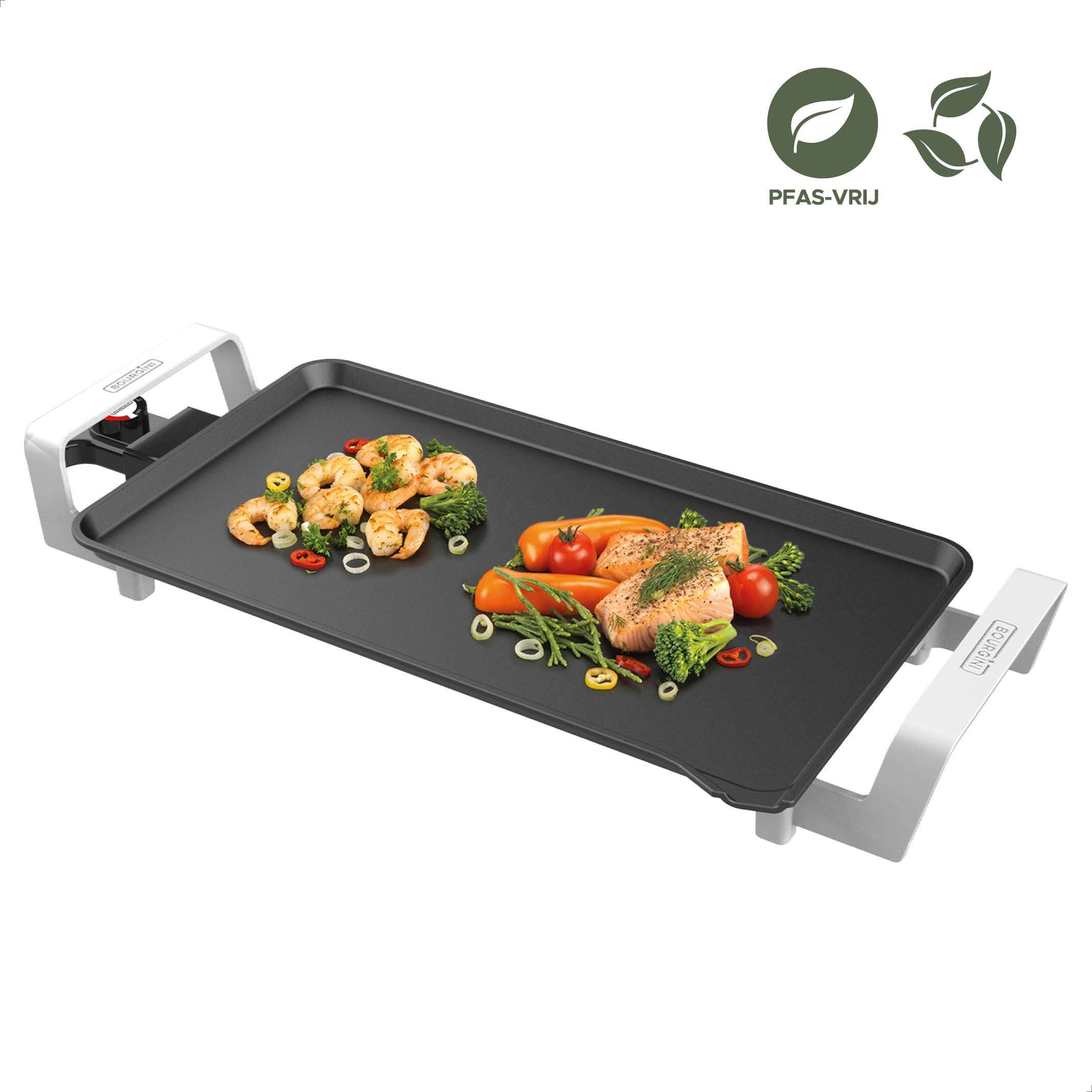 Eine Grillplatte mit gegrillten Garnelen und Lachs mit Gemüse. Weiße Griffe und ein grünes Blatt-Logo sind sichtbar.