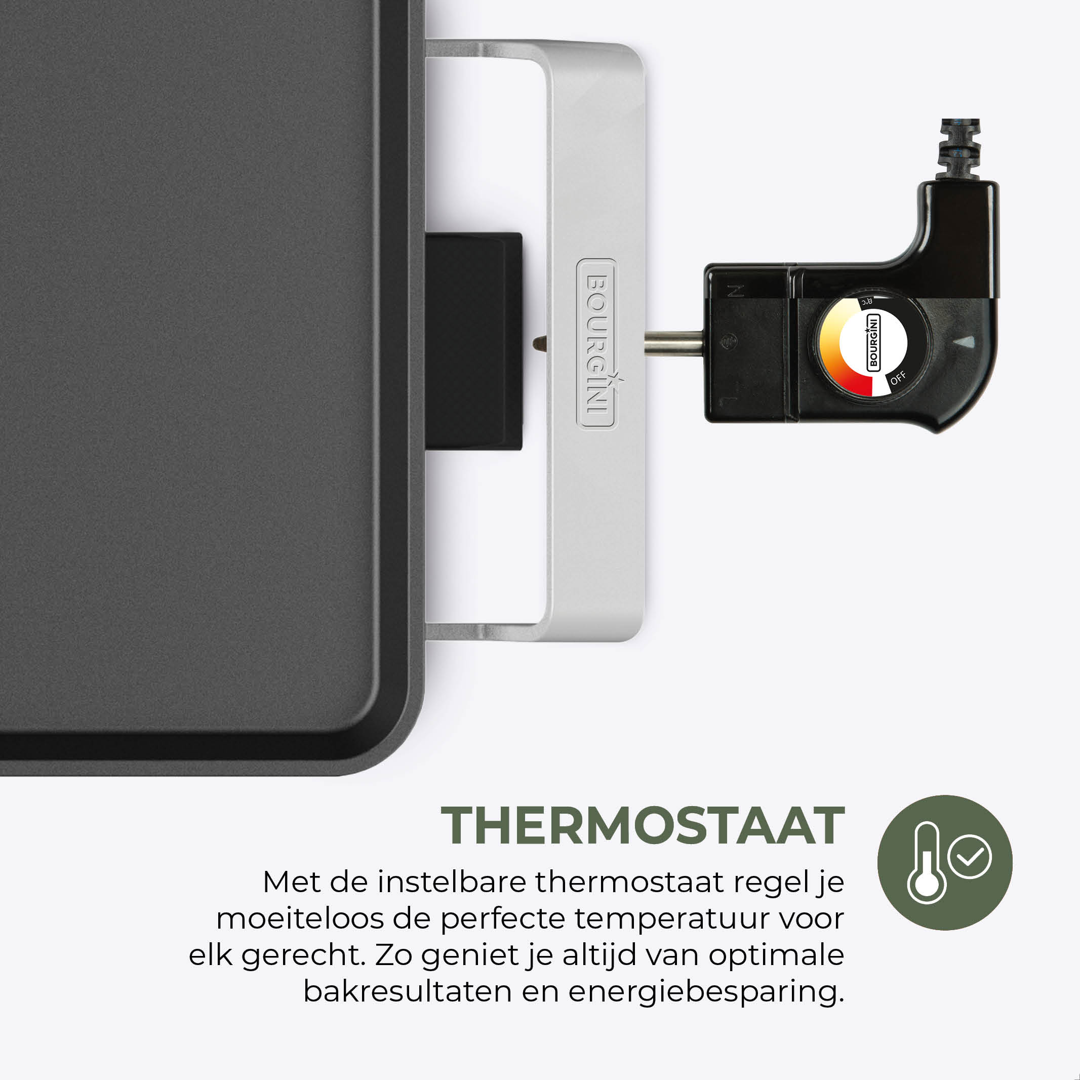 Nahaufnahme eines Thermostat-Bedienfelds mit schwarzem Drehknopf und silbernem Griff. Text: THERMOSTAAT.