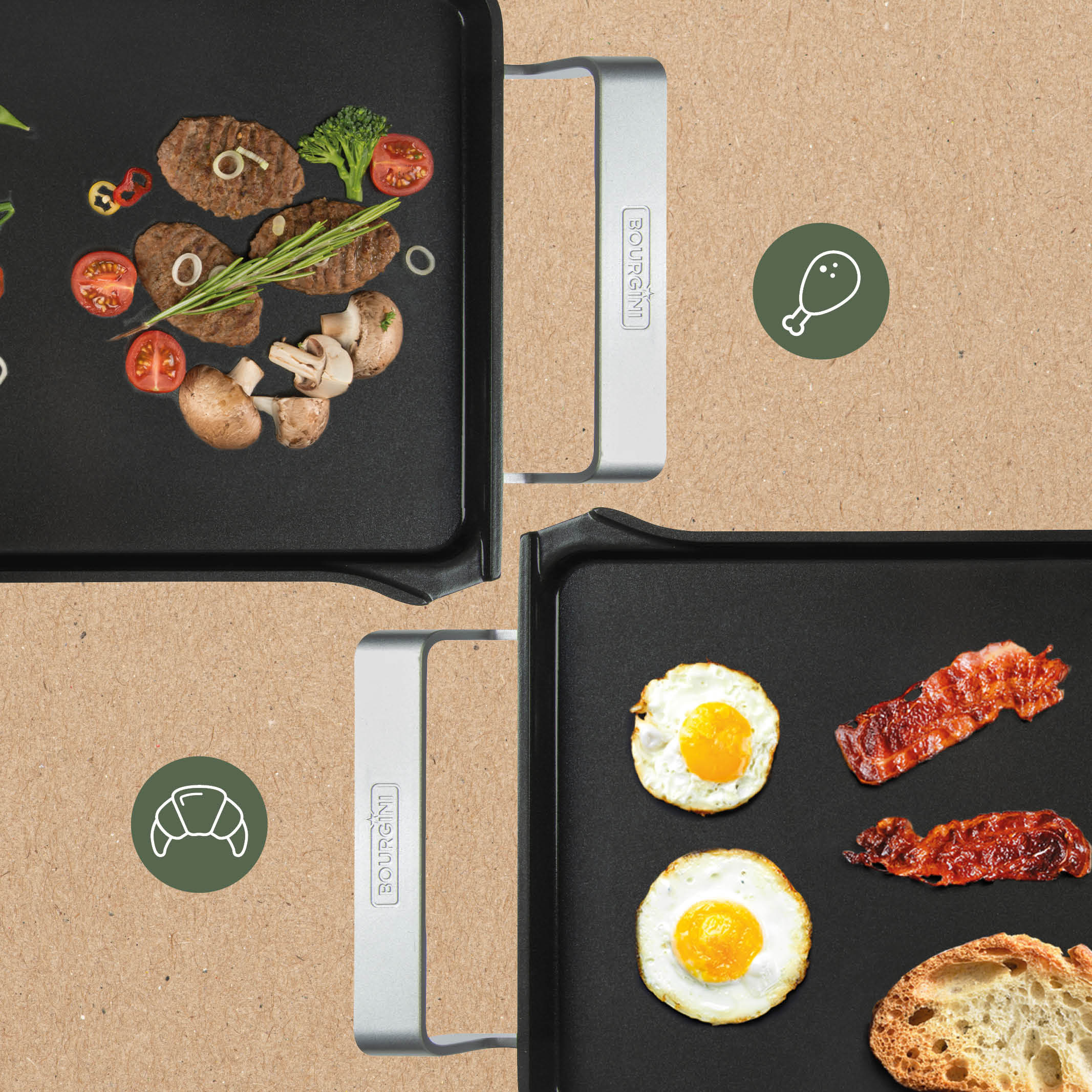 Grill mit Essen: Burger, Gemüse und Eier, Speck. Brauner Hintergrund mit Essenssymbolen.