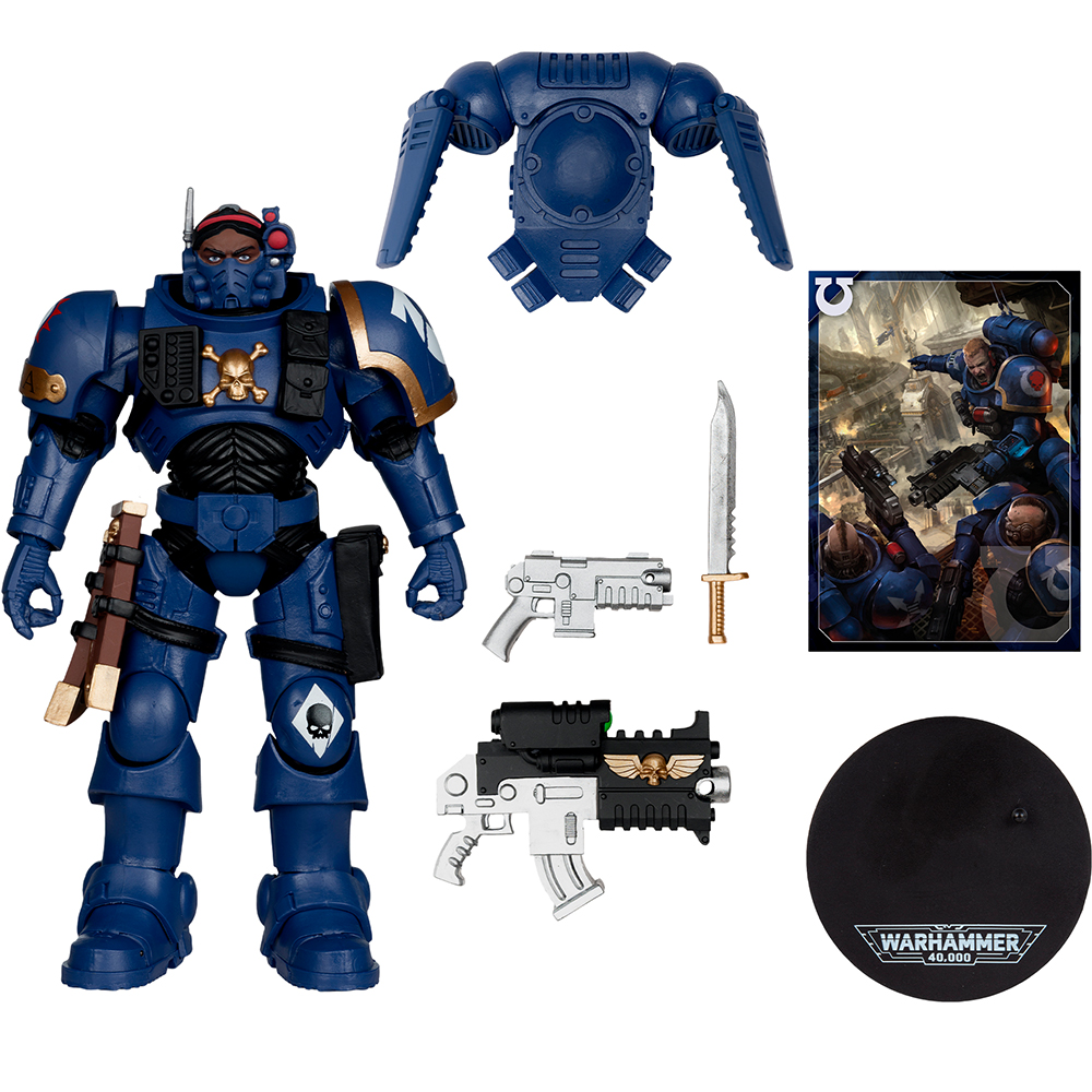 Eine blaue Warhammer-Figur mit Zubehör. Enthält eine Pistole, ein Messer, eine Karte und eine Basis. Die Figur hat einen Totenkopf.